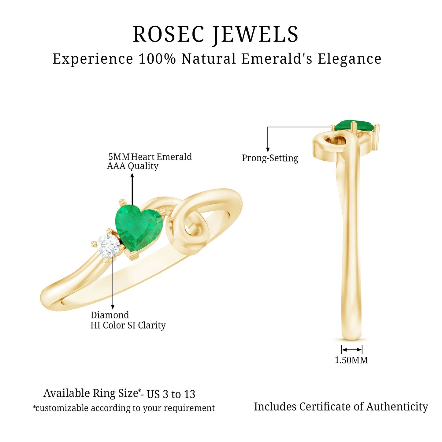 Real Emerald and Diamond Heart Promise Ring with Twisted Shank