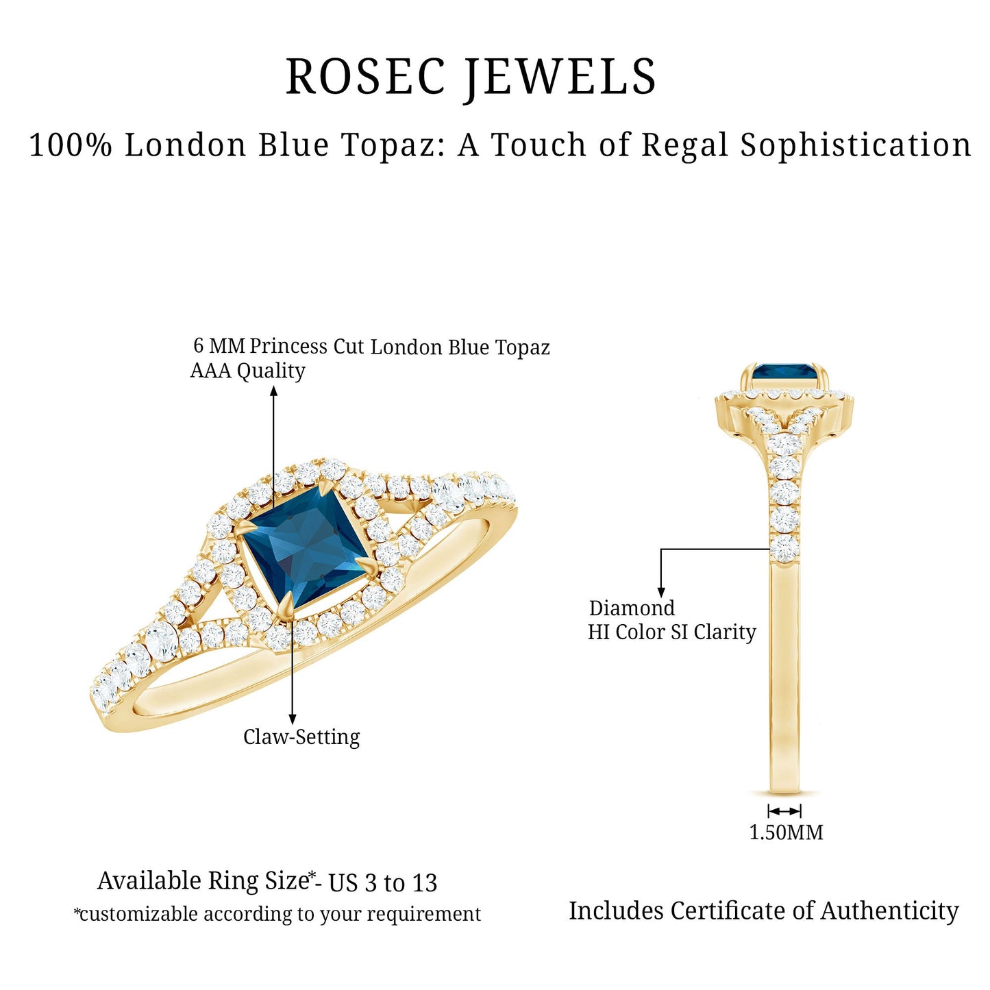 1 Carat Princess Cut London Blue Topaz Engagement Ring with Diamond Split Shank