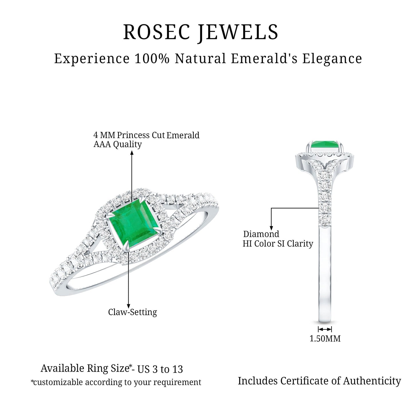 Princess Cut Emerald Engagement Ring with Diamond Split Shank