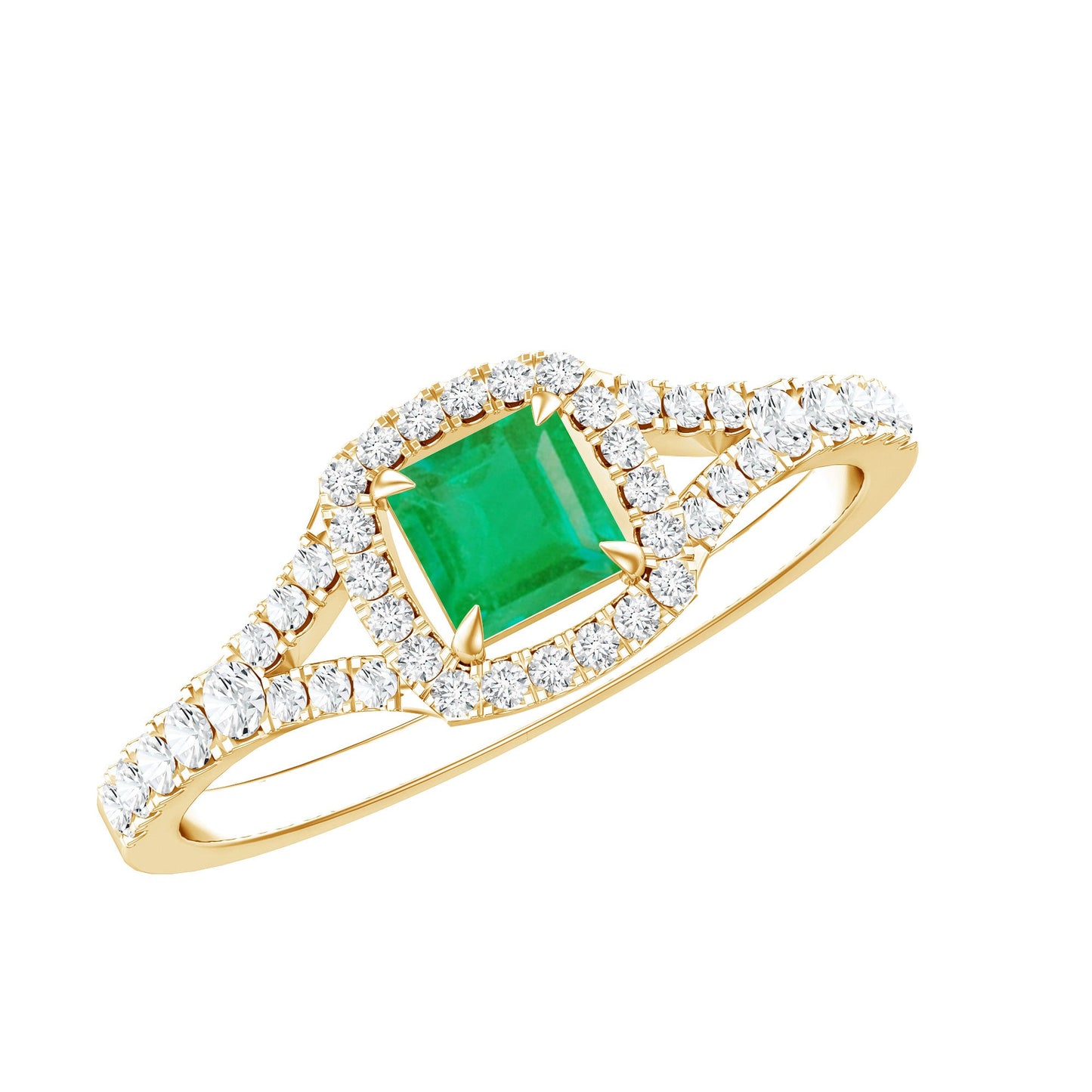 Princess Cut Emerald Engagement Ring with Diamond Split Shank