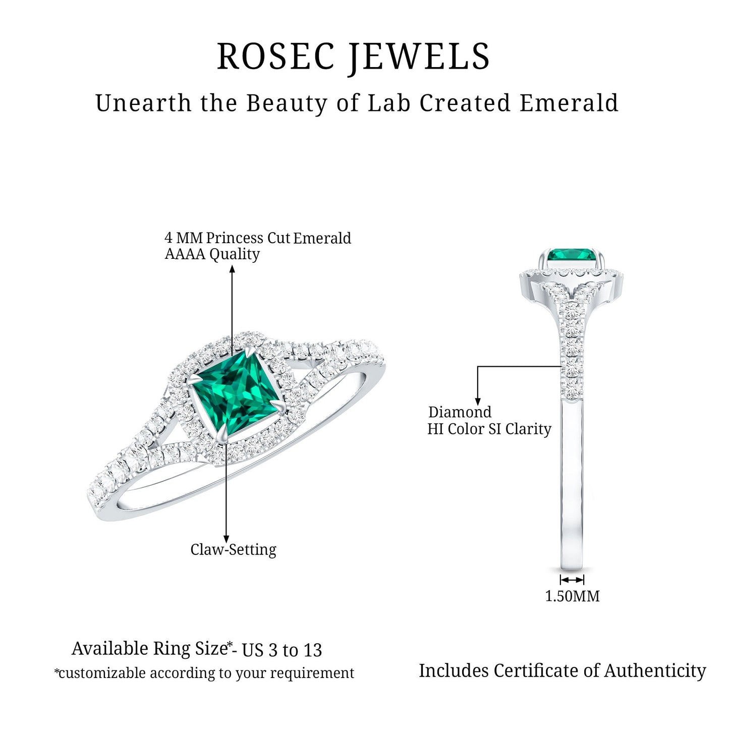 Certified Princess Cut Lab Grown Emerald Diamond Promise Ring
