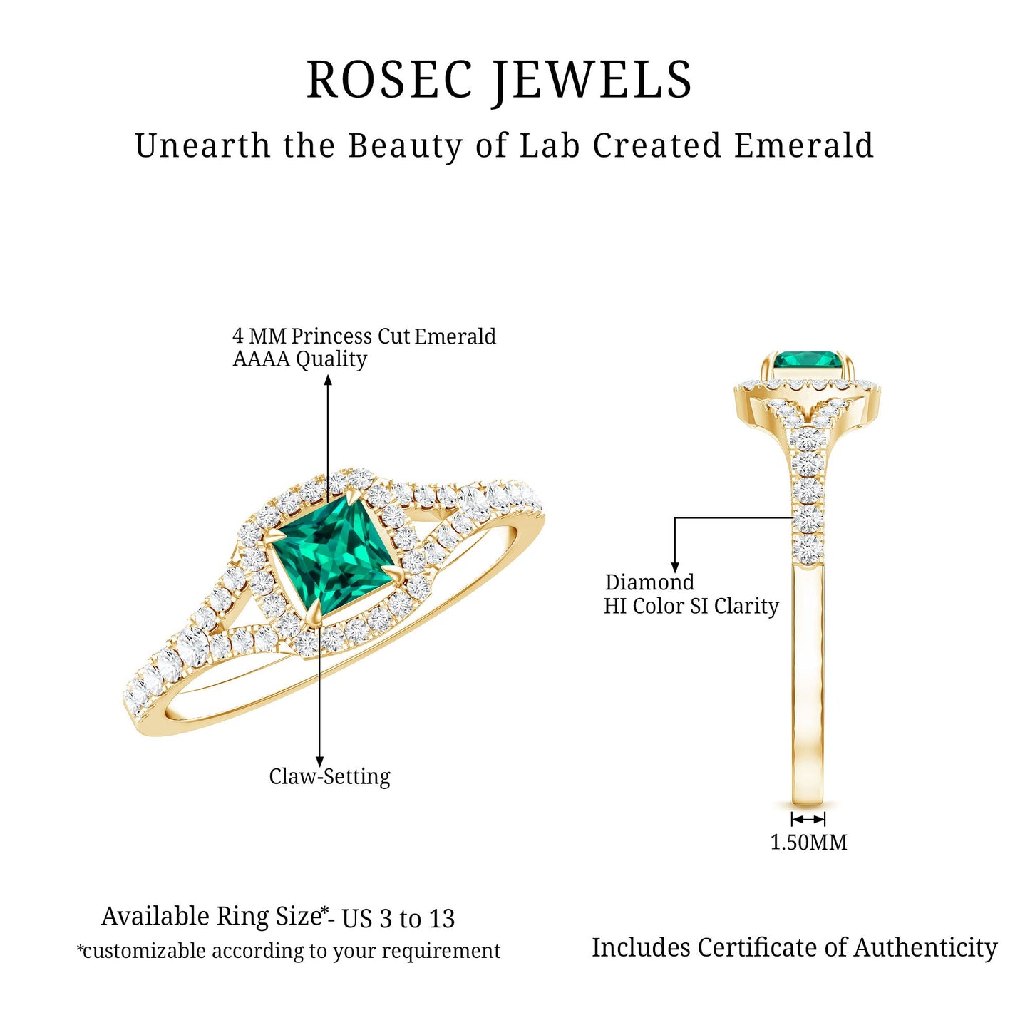 Certified Princess Cut Lab Grown Emerald Diamond Promise Ring