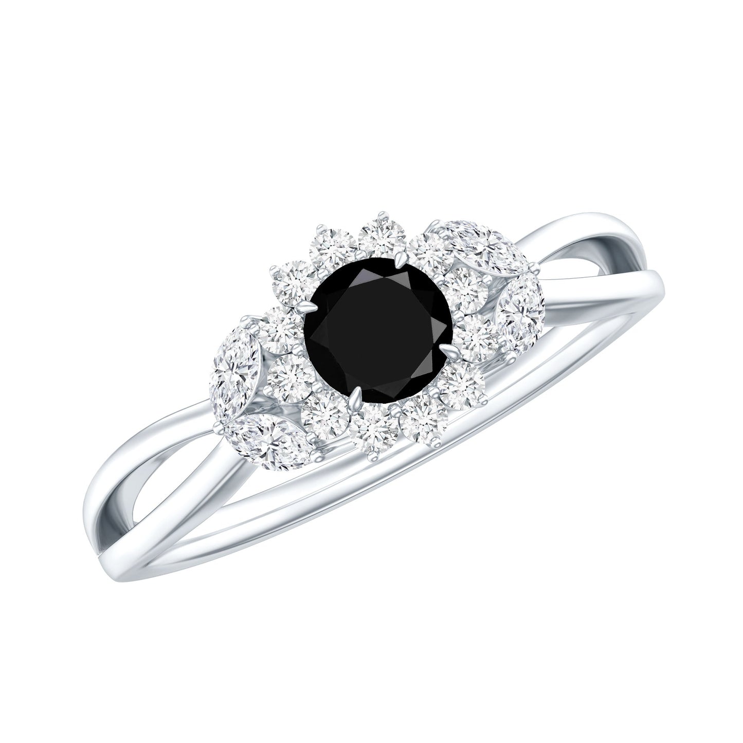 Natural Black Onyx and Diamond Floral Engagement Ring