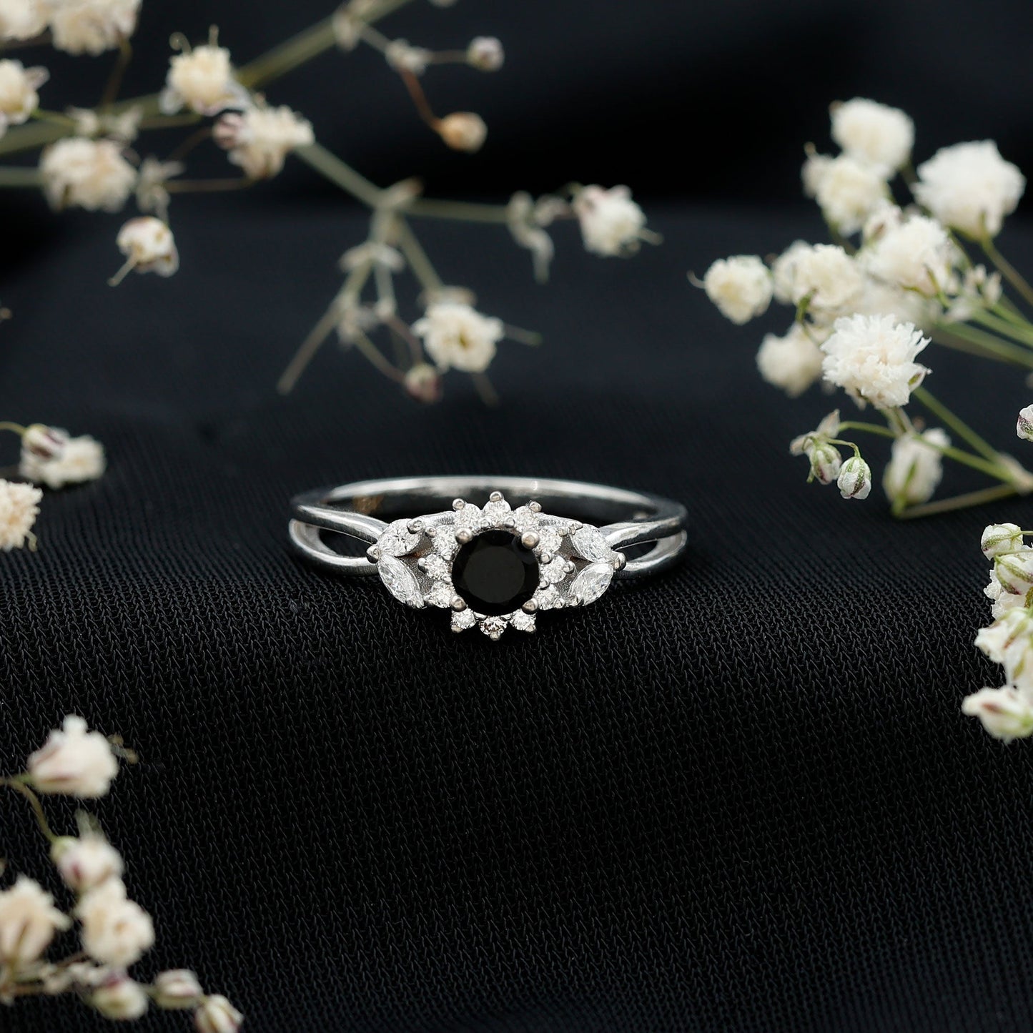 Natural Black Onyx and Diamond Floral Engagement Ring