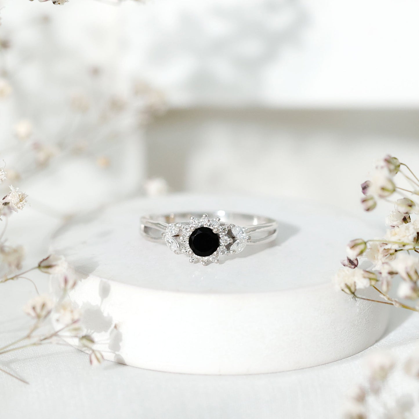Natural Black Onyx and Diamond Floral Engagement Ring