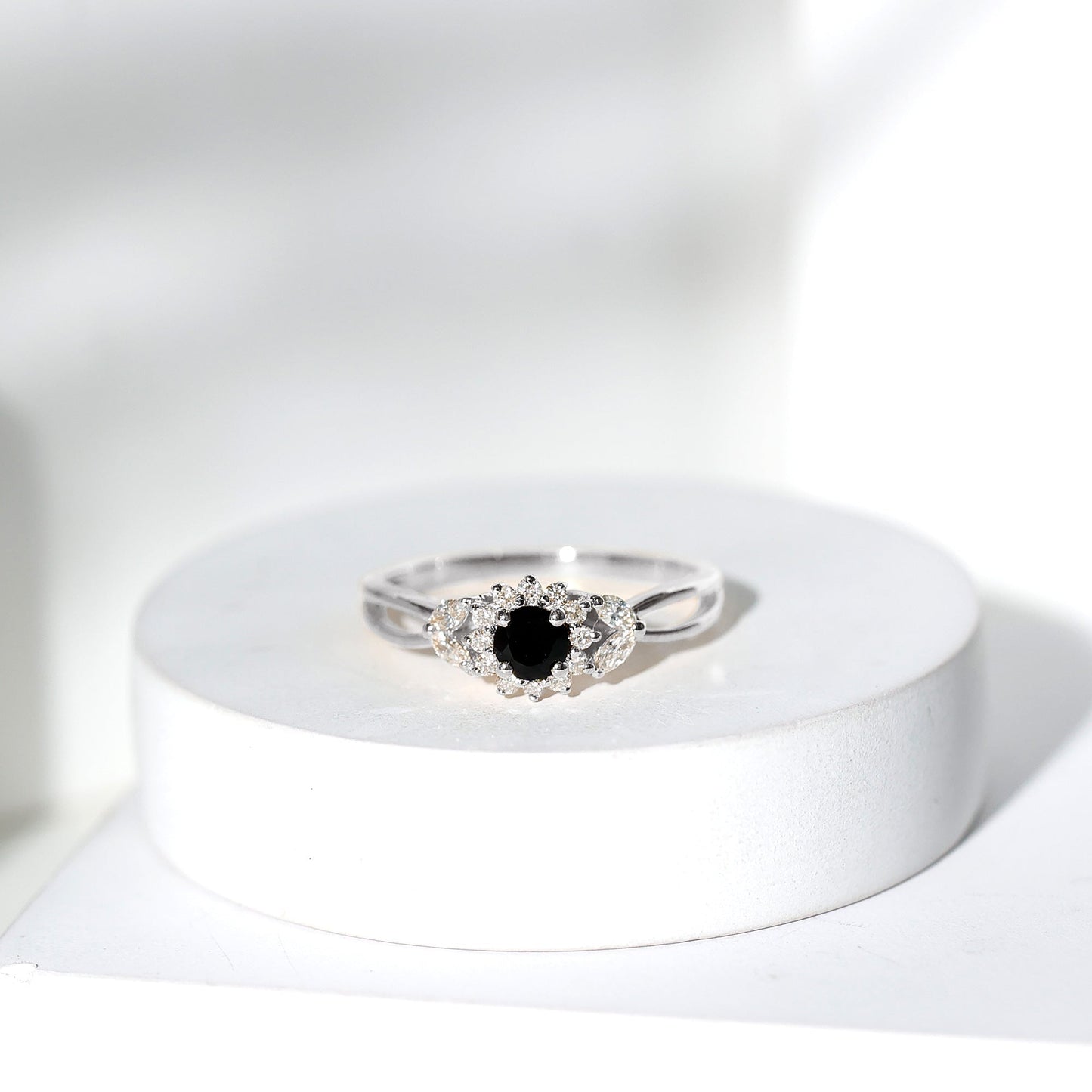 Natural Black Onyx and Diamond Floral Engagement Ring
