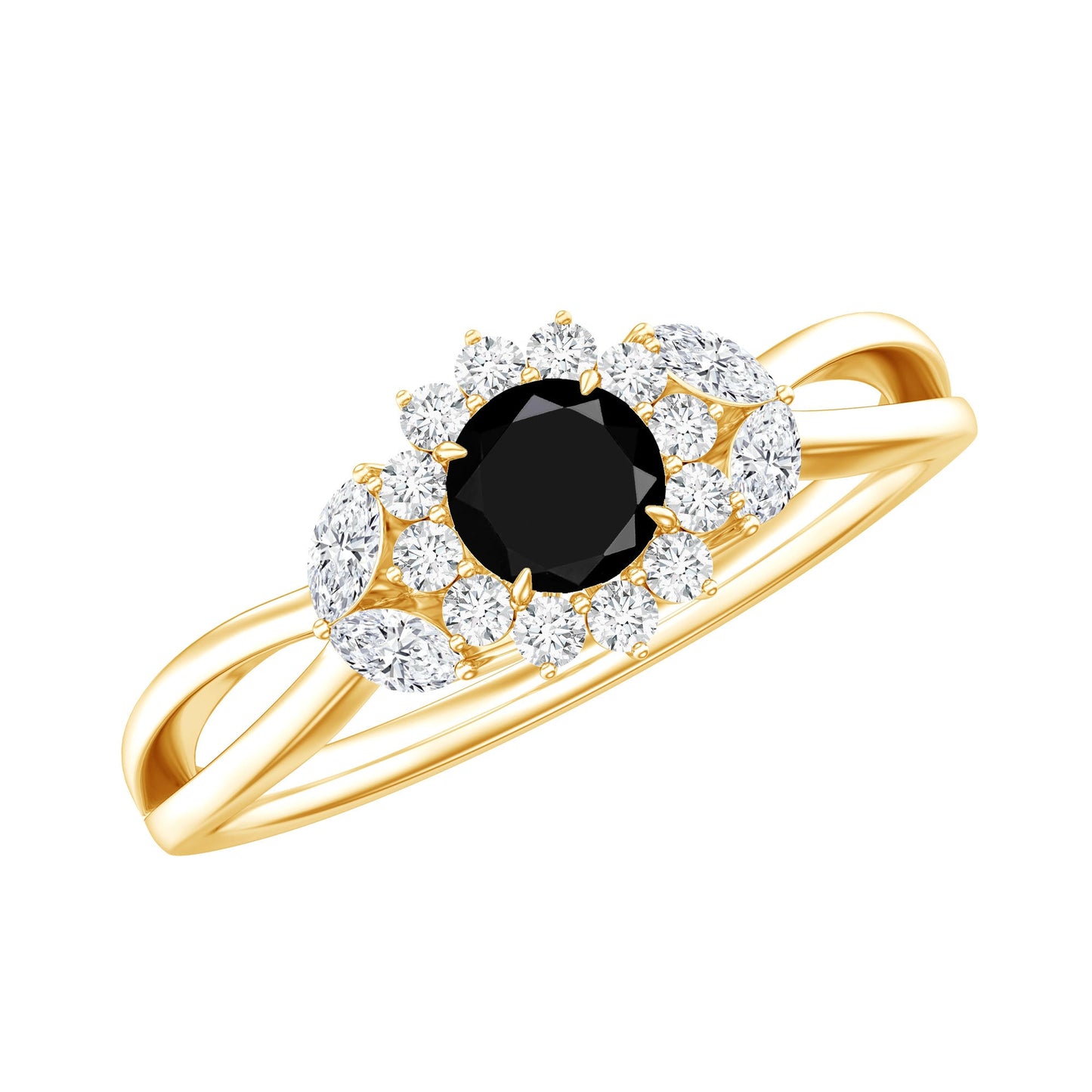 Natural Black Onyx and Diamond Floral Engagement Ring