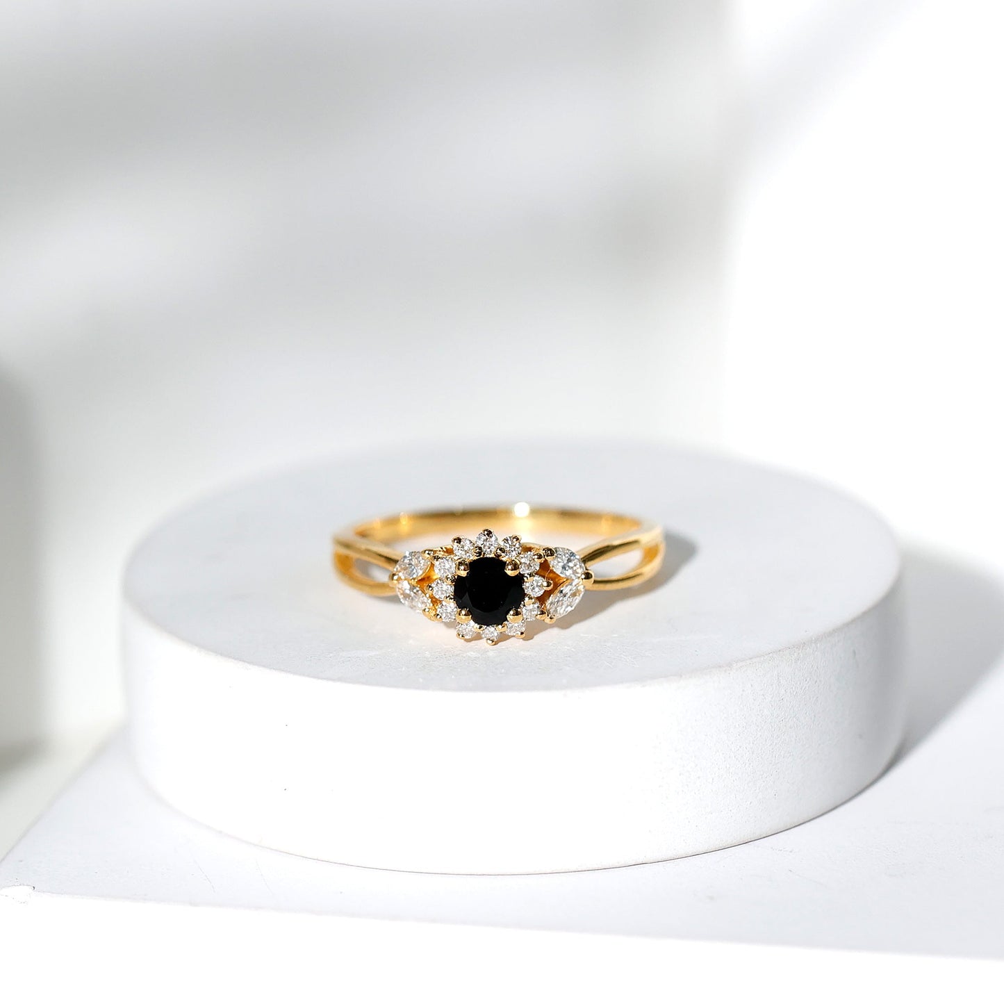 Natural Black Onyx and Diamond Floral Engagement Ring
