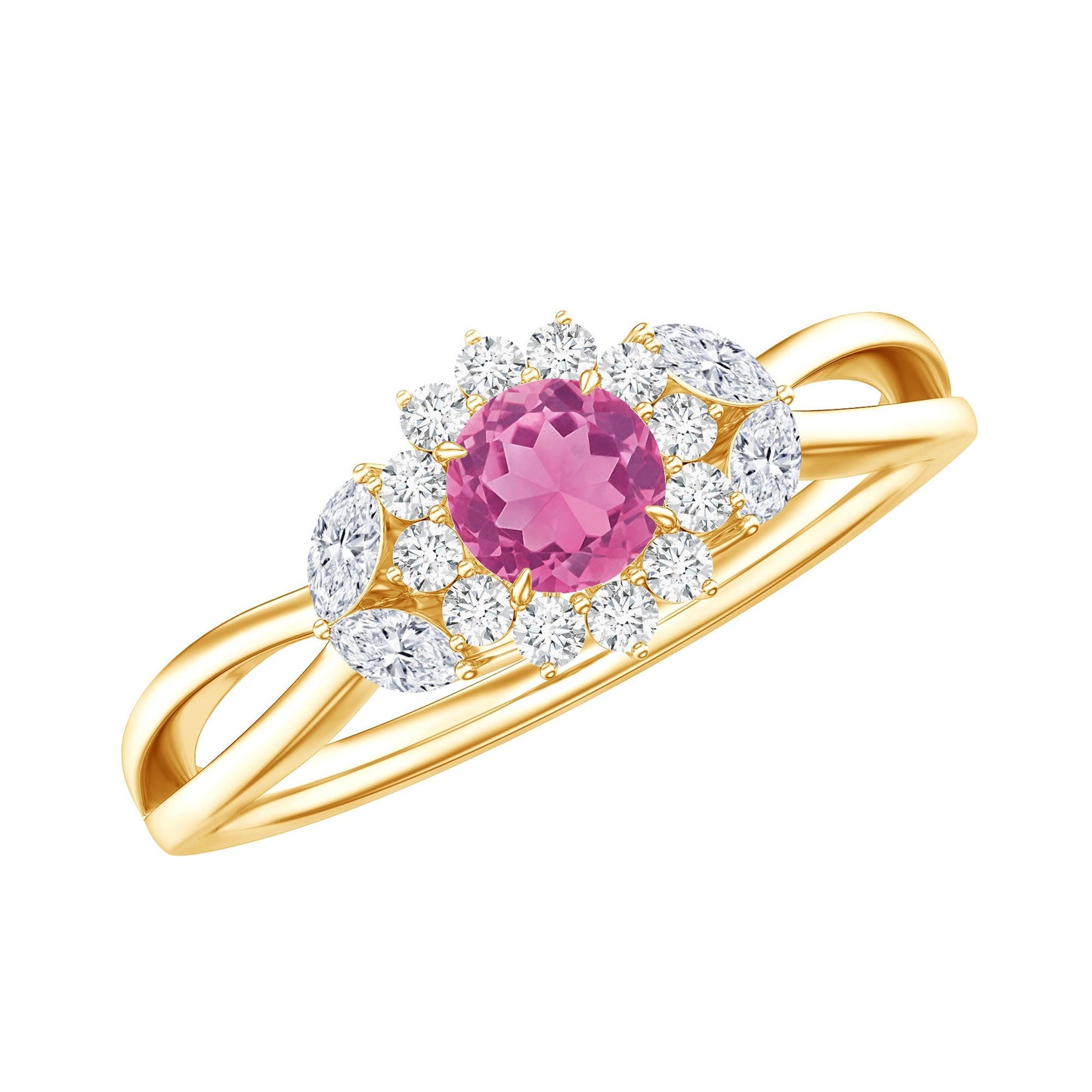 Pink Tourmaline and Diamond Flower Engagement Ring with Split Shank