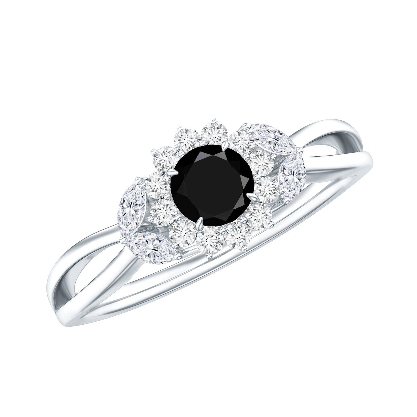 Nature Inspired Black Spinel Flower Engagement Ring with Diamond