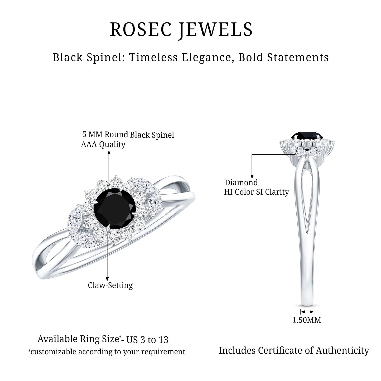 Nature Inspired Black Spinel Flower Engagement Ring with Diamond