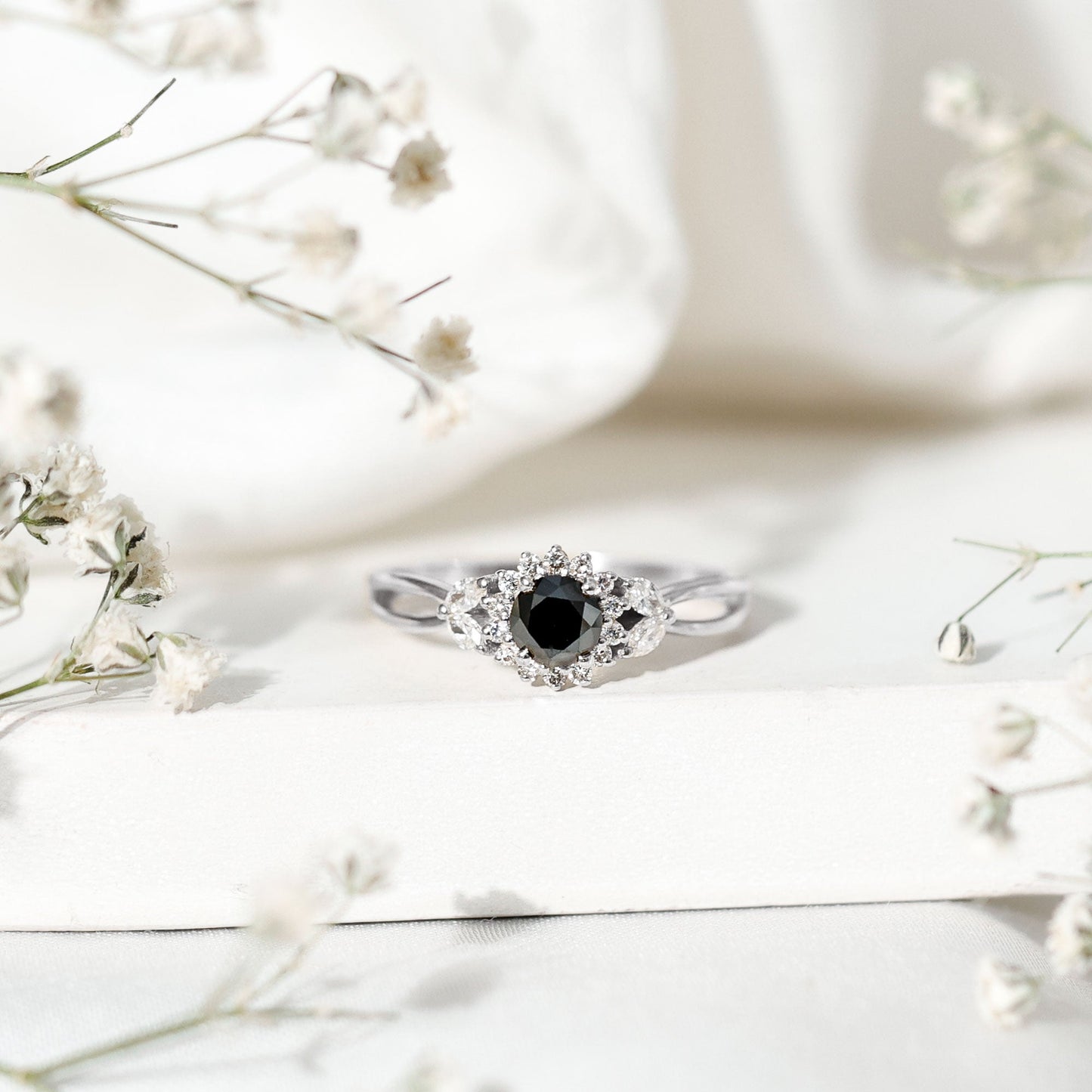 Nature Inspired Black Spinel Flower Engagement Ring with Diamond