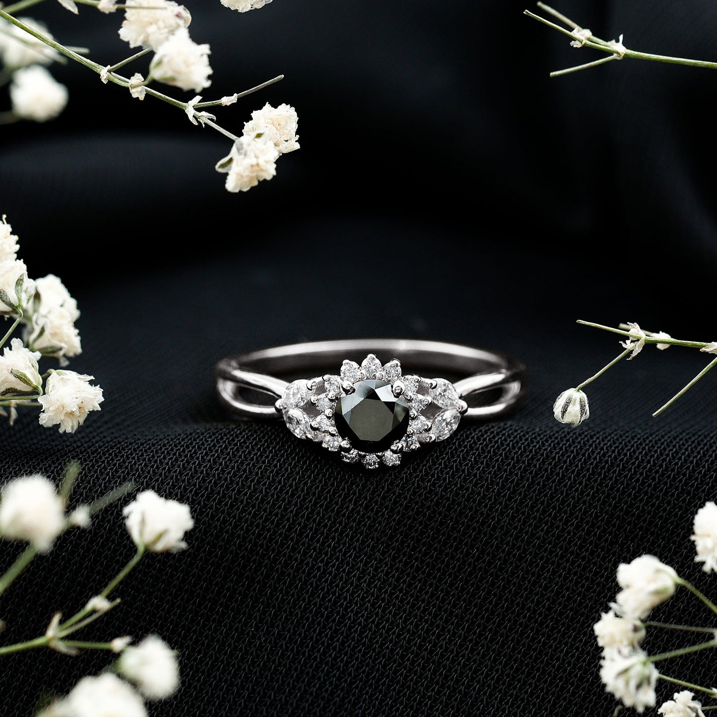 Nature Inspired Black Spinel Flower Engagement Ring with Diamond