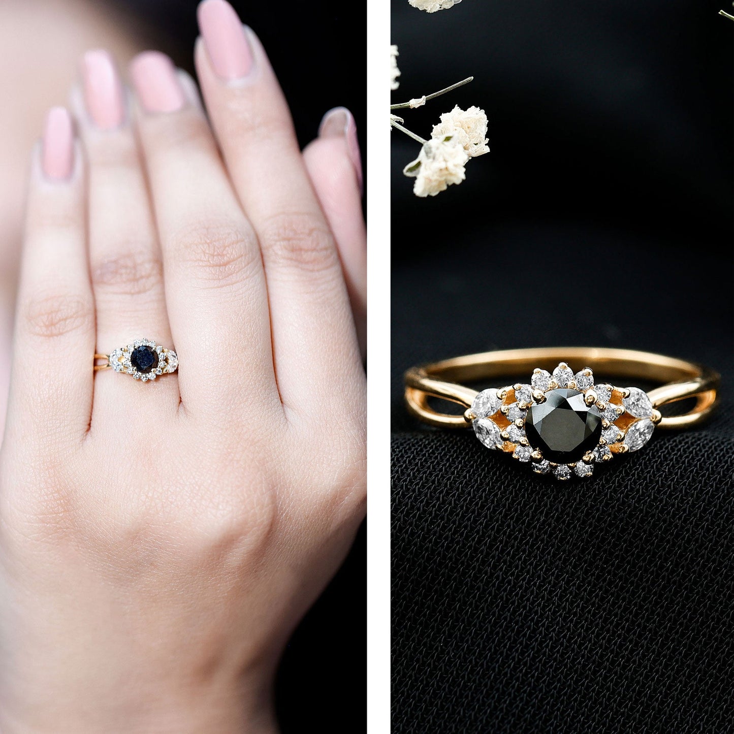 Nature Inspired Black Spinel Flower Engagement Ring with Diamond