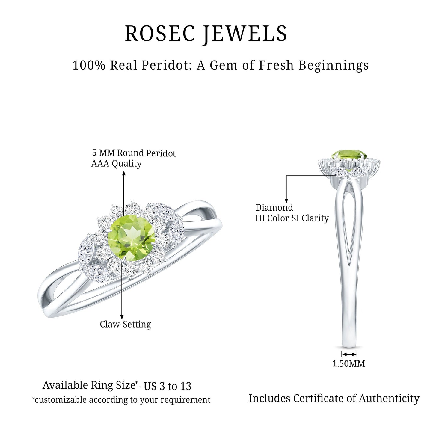 Natural 0.5 Carat Peridot Flower Engagement Ring with Diamond