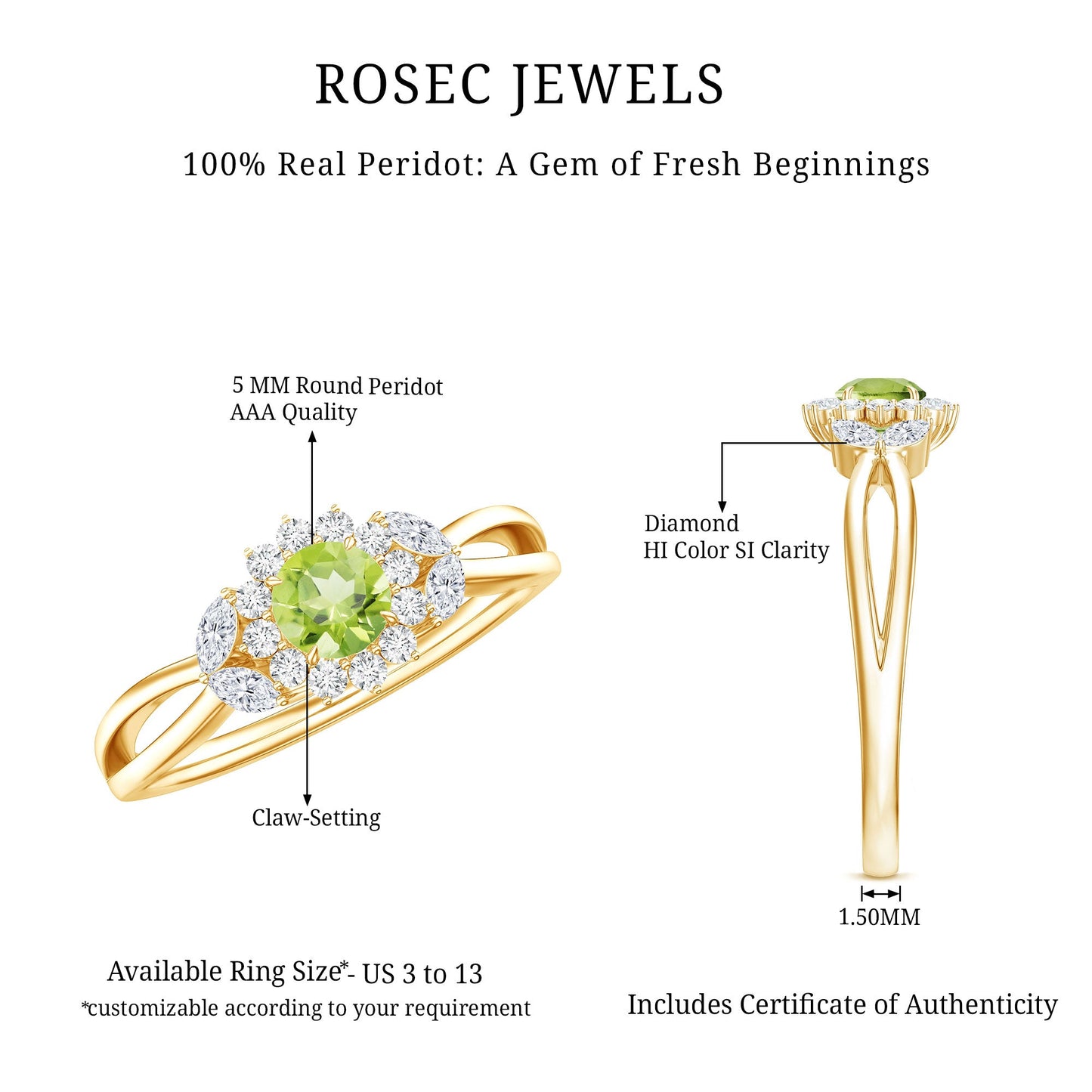 Natural 0.5 Carat Peridot Flower Engagement Ring with Diamond