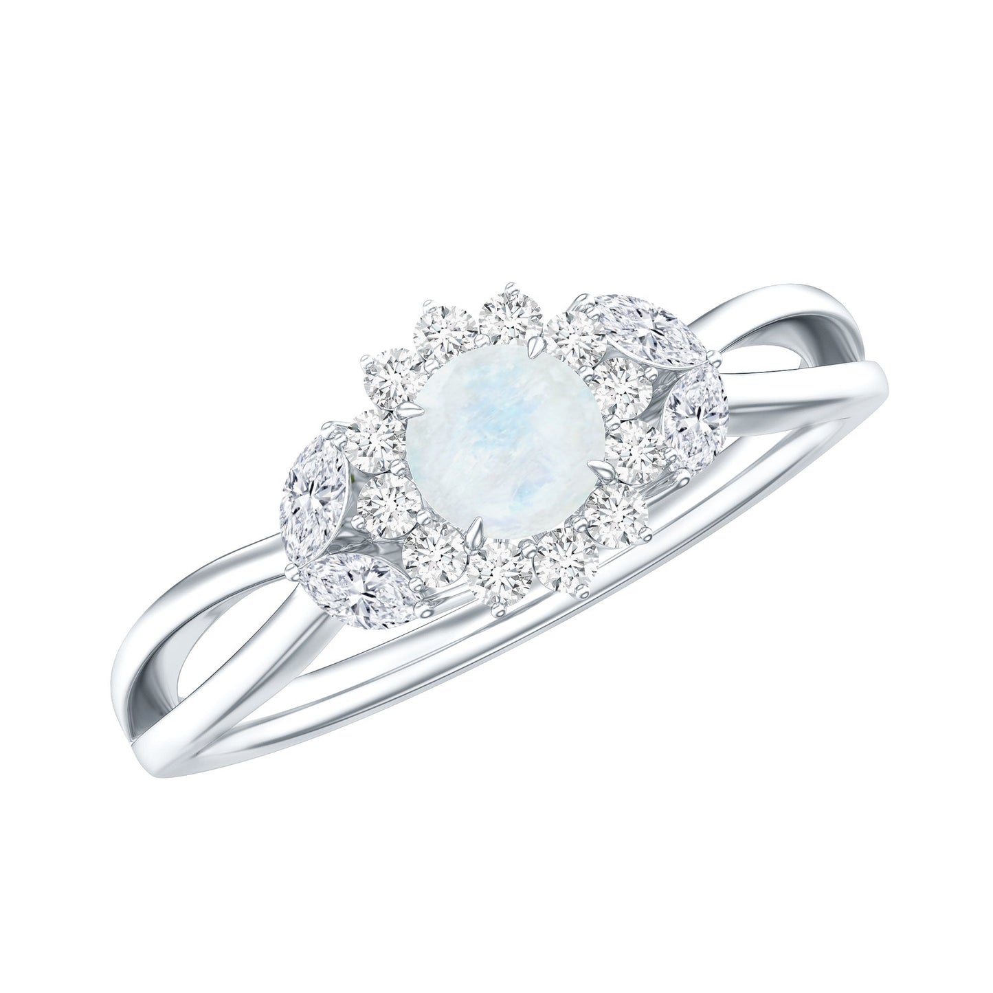 Real Moonstone and Diamond Flower Engagement Ring with Split Shank