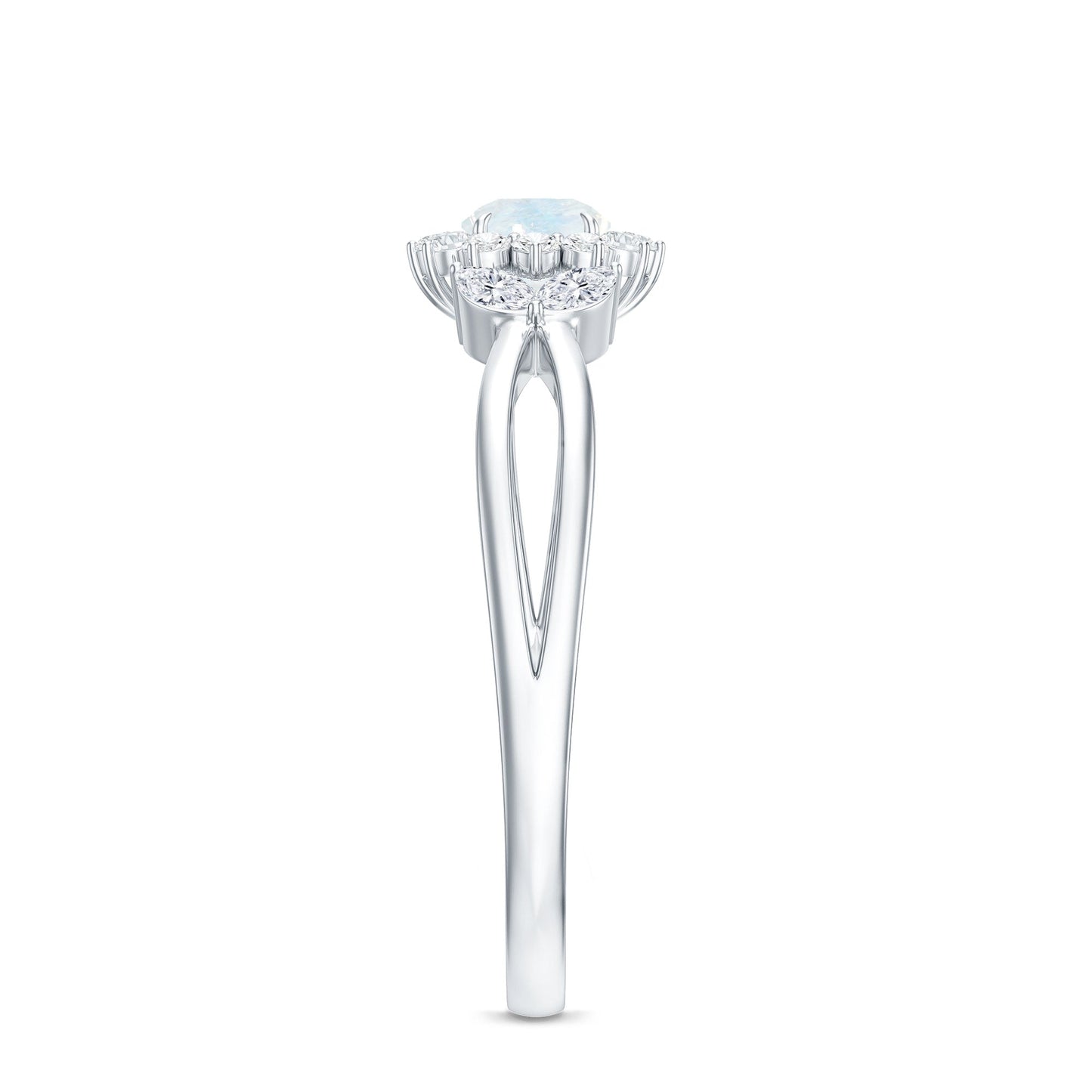 Real Moonstone and Diamond Flower Engagement Ring with Split Shank