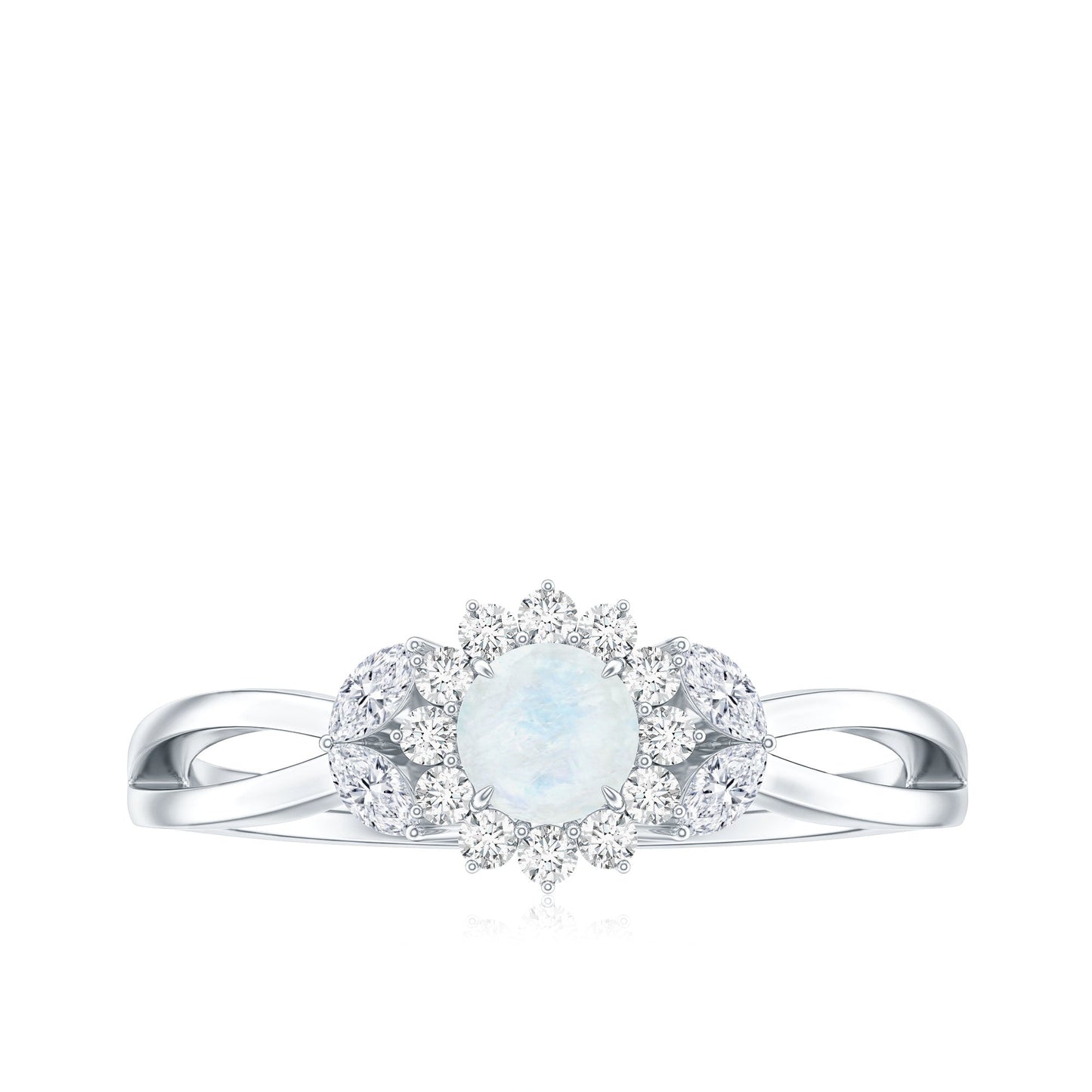 Real Moonstone and Diamond Flower Engagement Ring with Split Shank