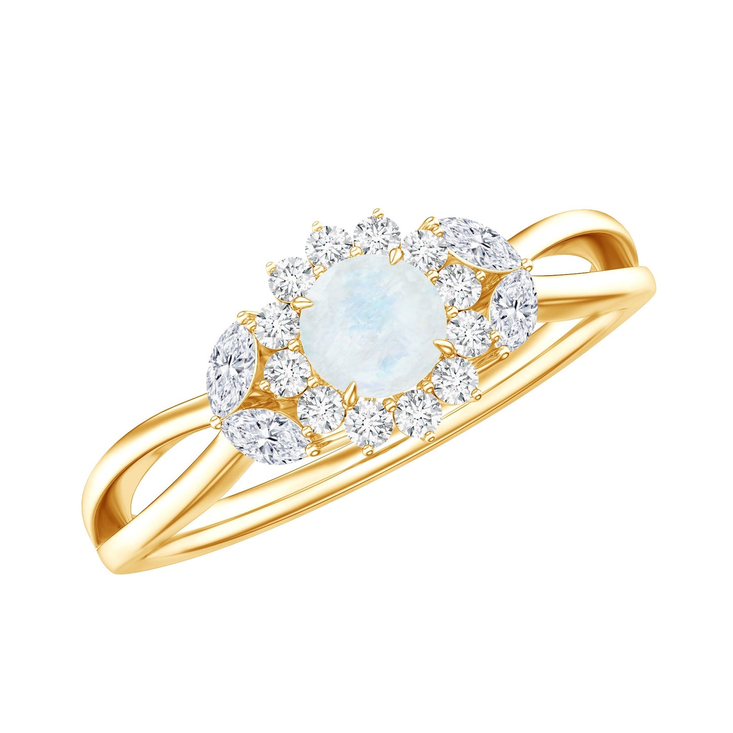 Real Moonstone and Diamond Flower Engagement Ring with Split Shank