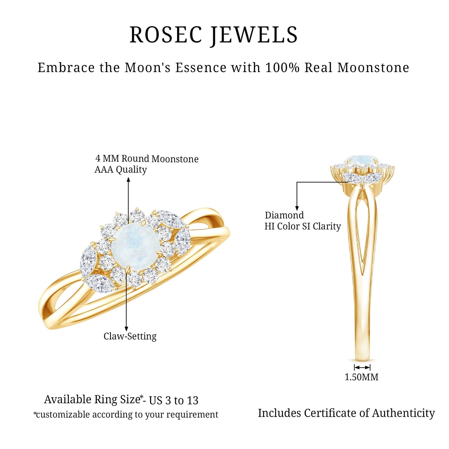 Real Moonstone and Diamond Flower Engagement Ring with Split Shank