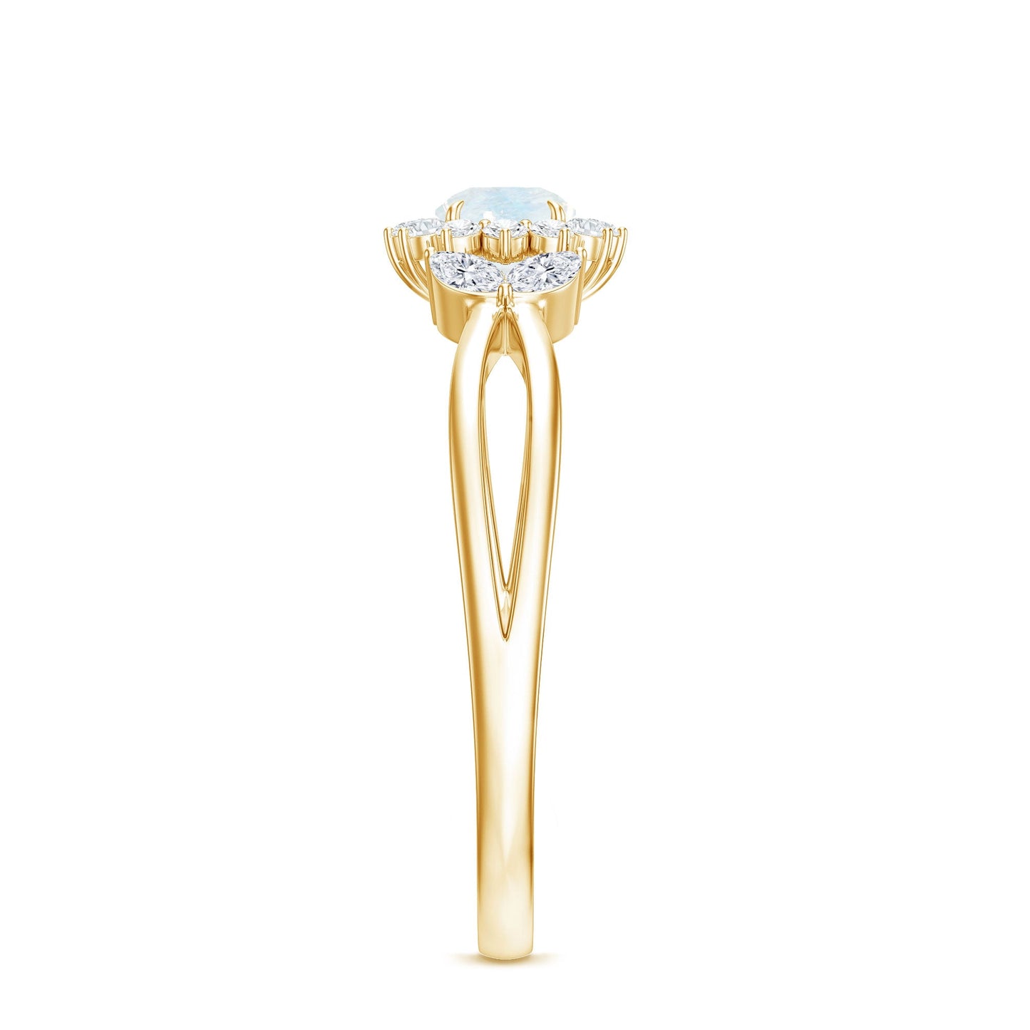 Real Moonstone and Diamond Flower Engagement Ring with Split Shank