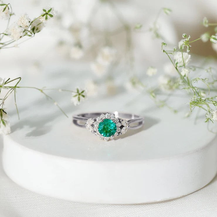 Real Emerald and Diamond Flower Engagement Ring with Split Shank