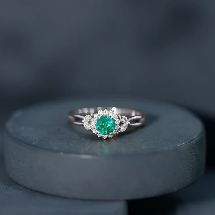 Real Emerald and Diamond Flower Engagement Ring with Split Shank