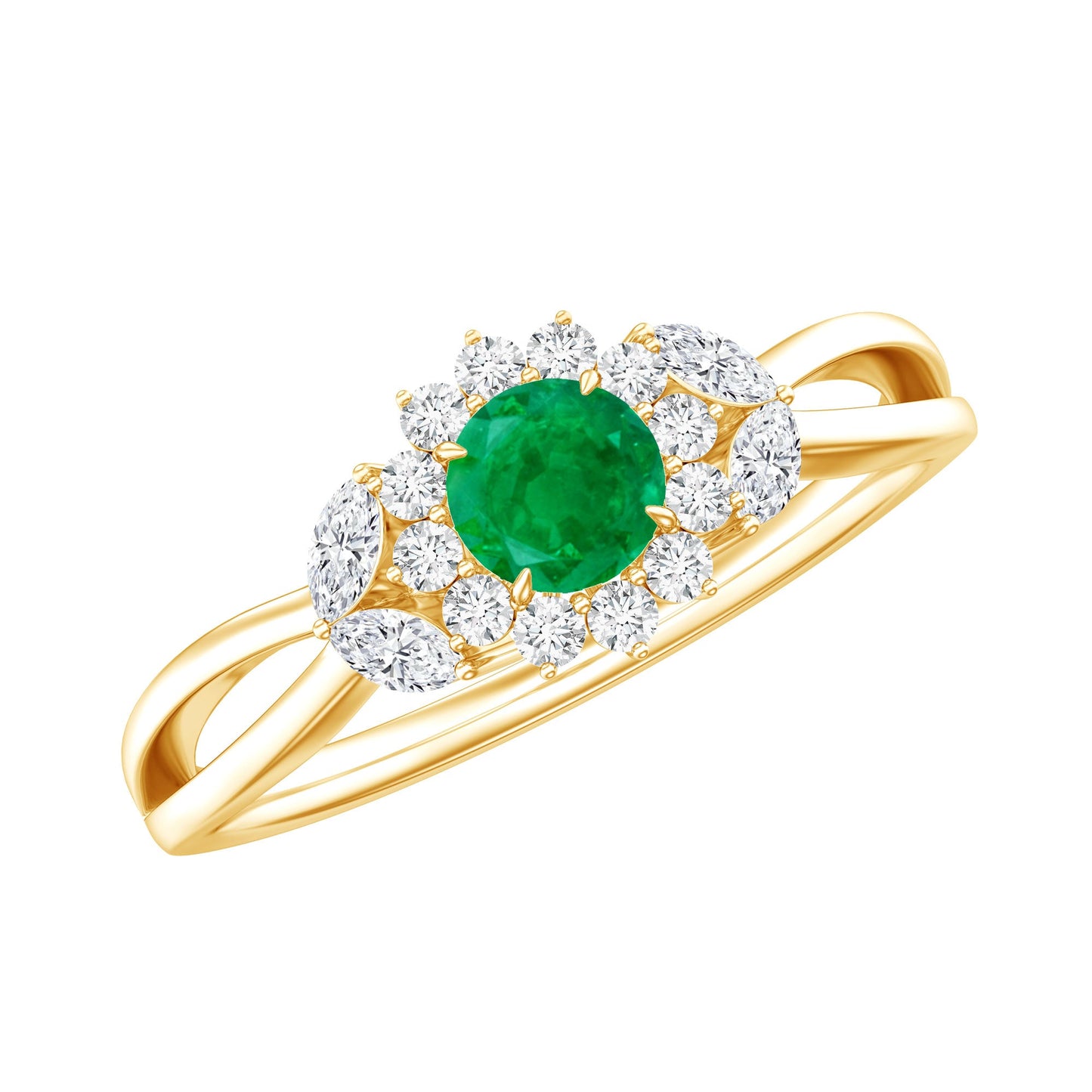 Real Emerald and Diamond Flower Engagement Ring with Split Shank