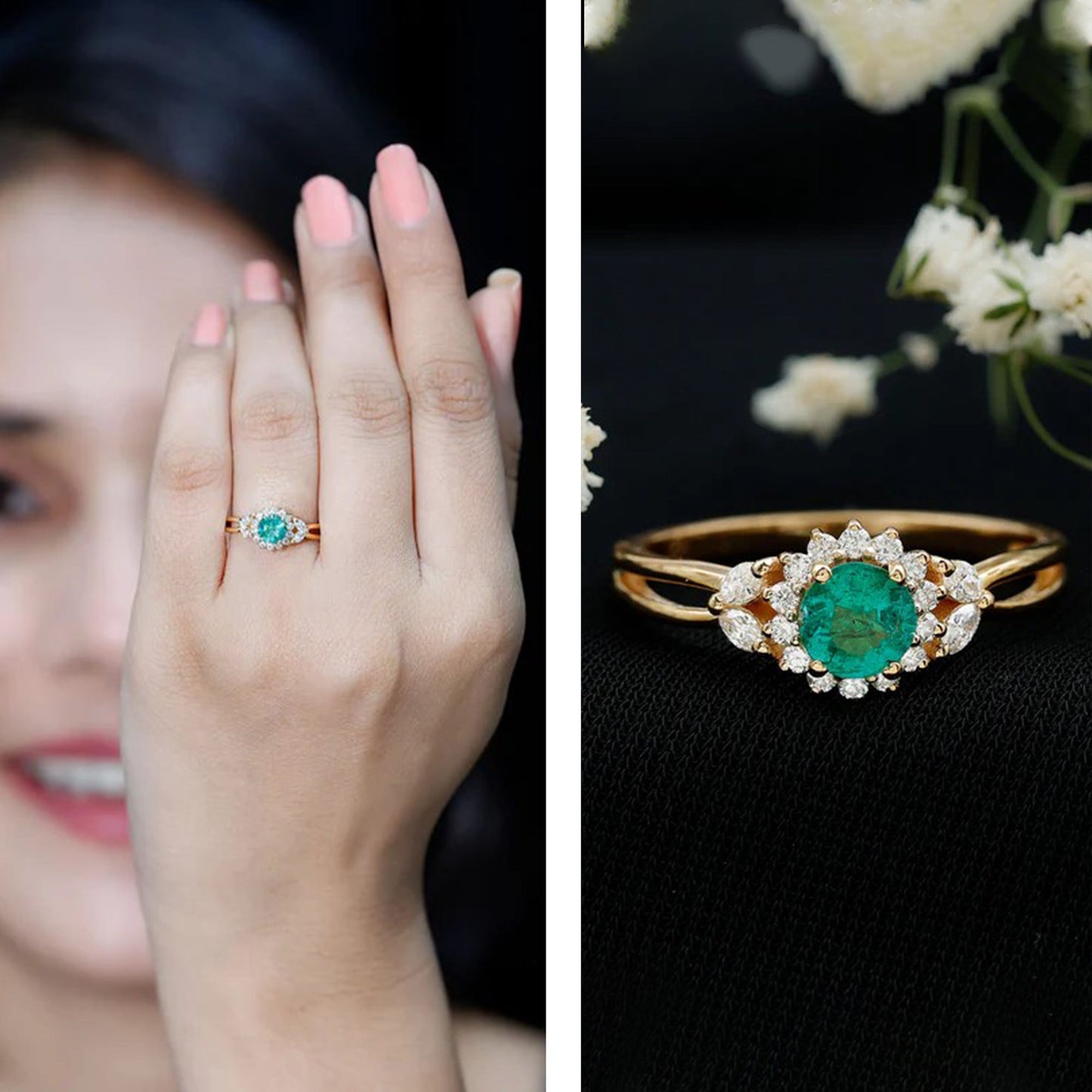 Real Emerald and Diamond Flower Engagement Ring with Split Shank