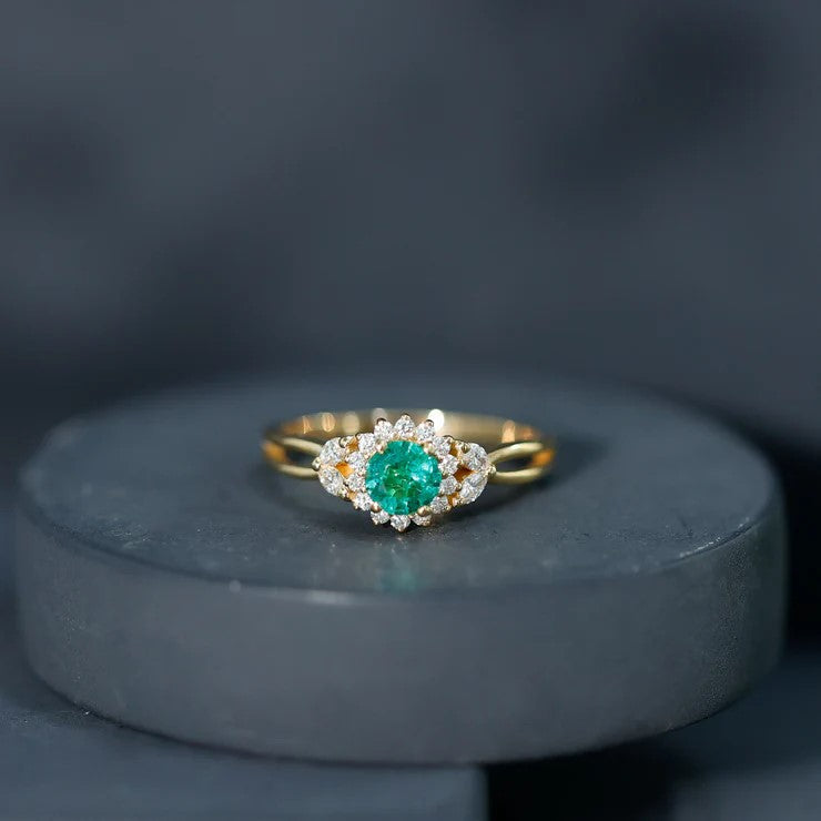 Real Emerald and Diamond Flower Engagement Ring with Split Shank