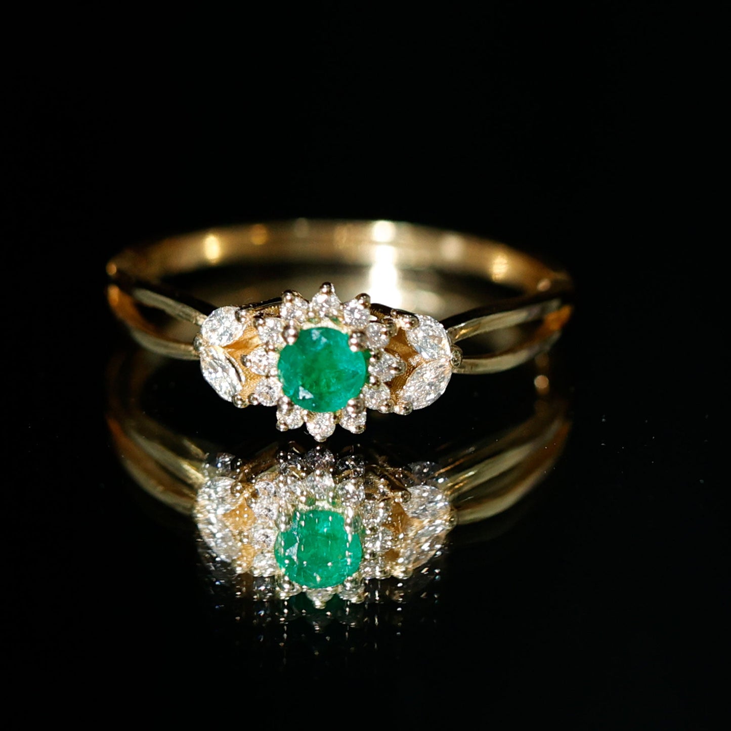Real Emerald and Diamond Flower Engagement Ring with Split Shank