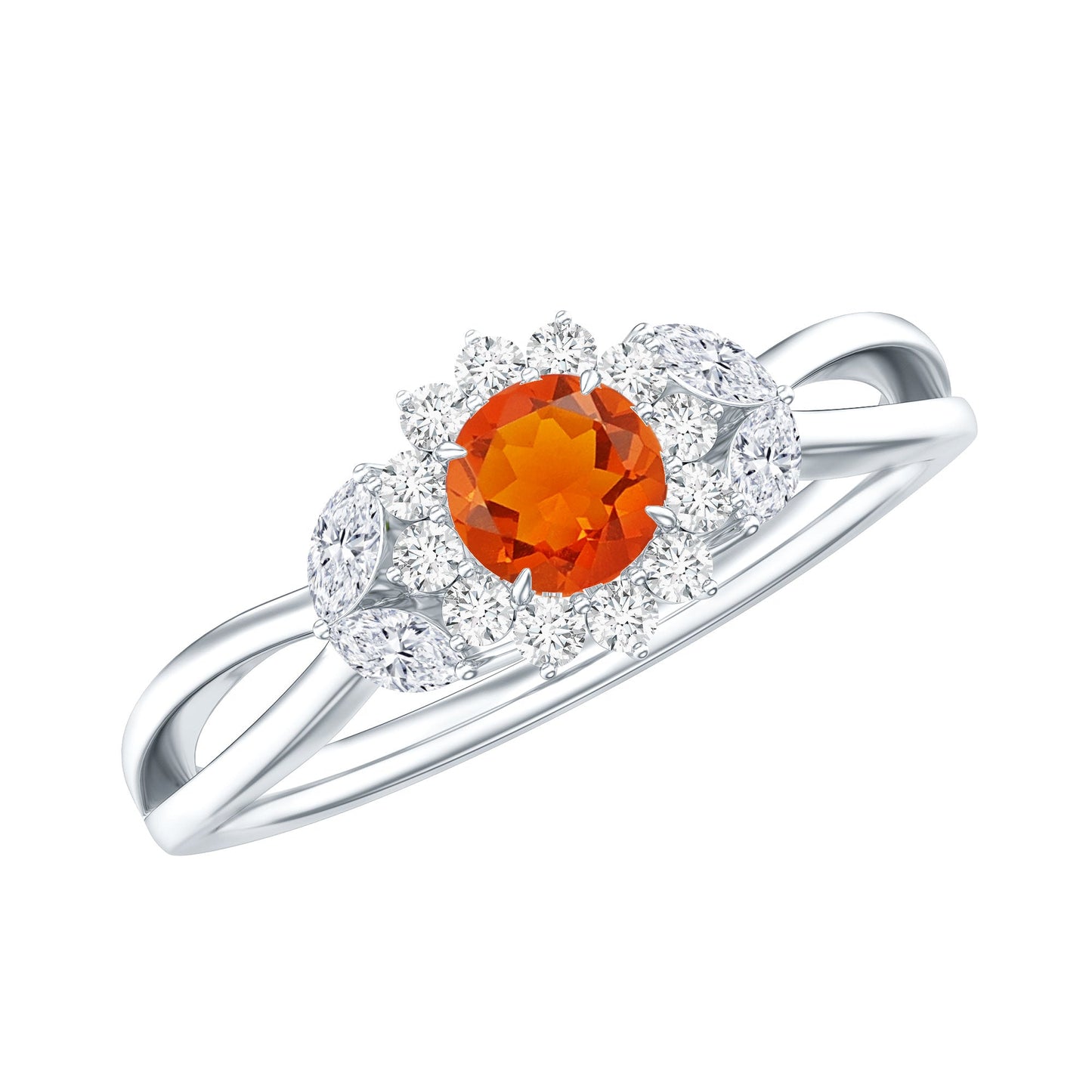 Fire Opal and Diamond Flower Engagement Ring with Split Shank