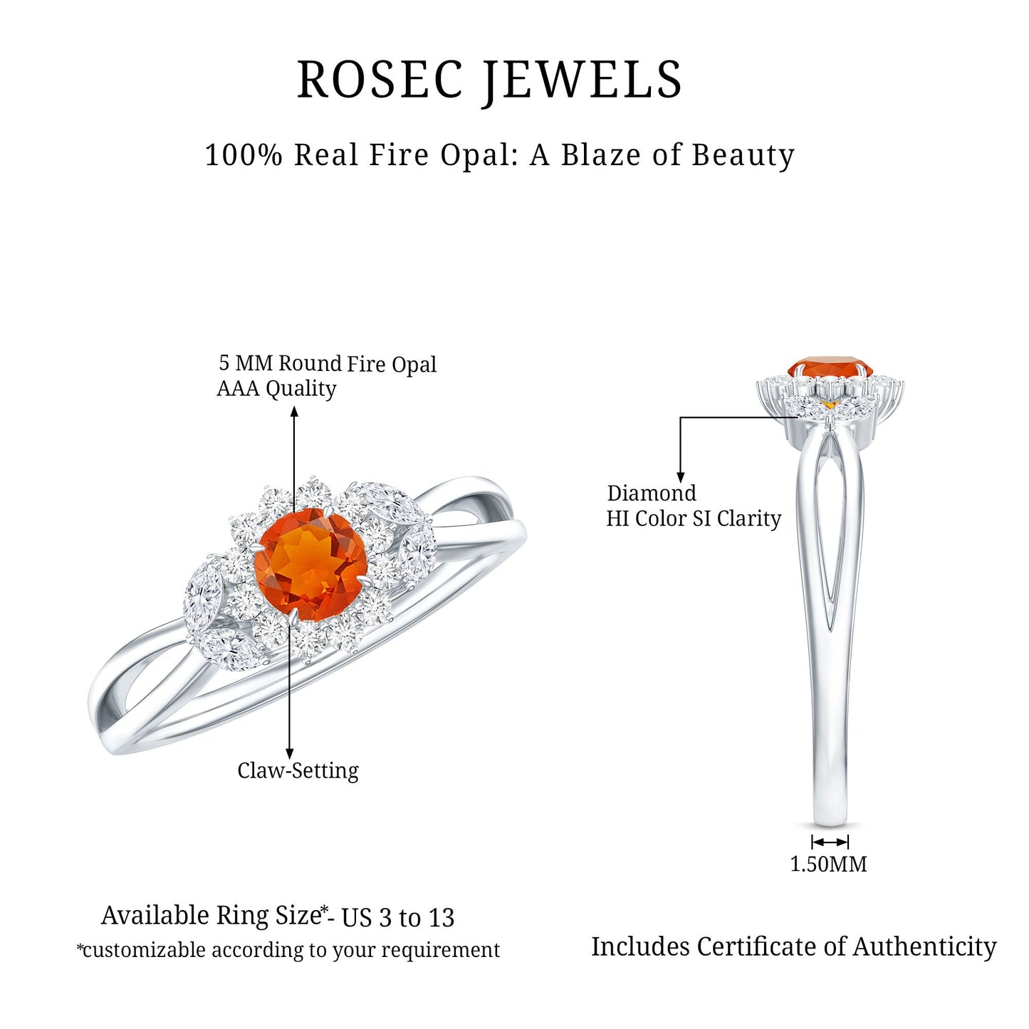 Fire Opal and Diamond Flower Engagement Ring with Split Shank