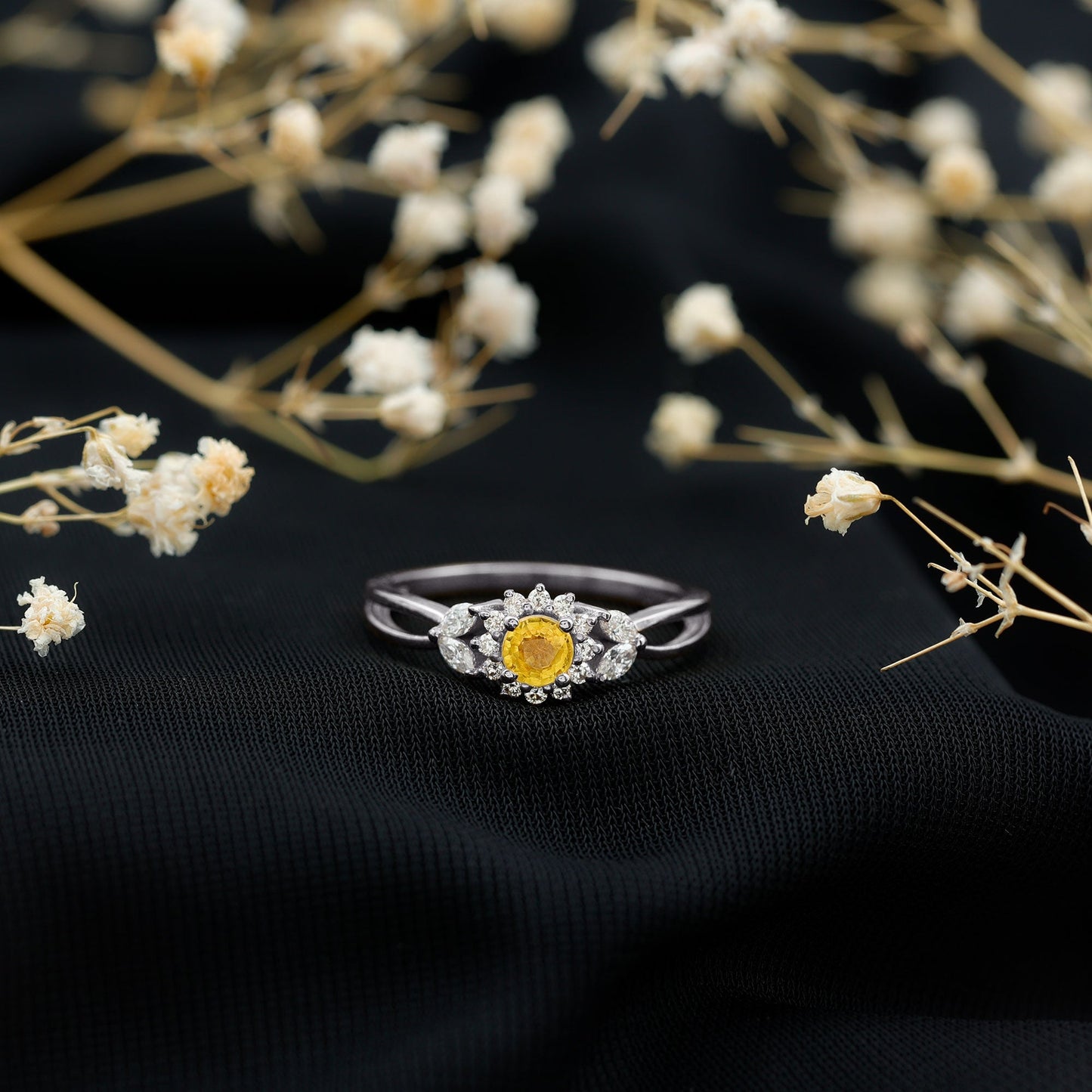 Real Yellow Sapphire Flower Engagement Ring with Diamond