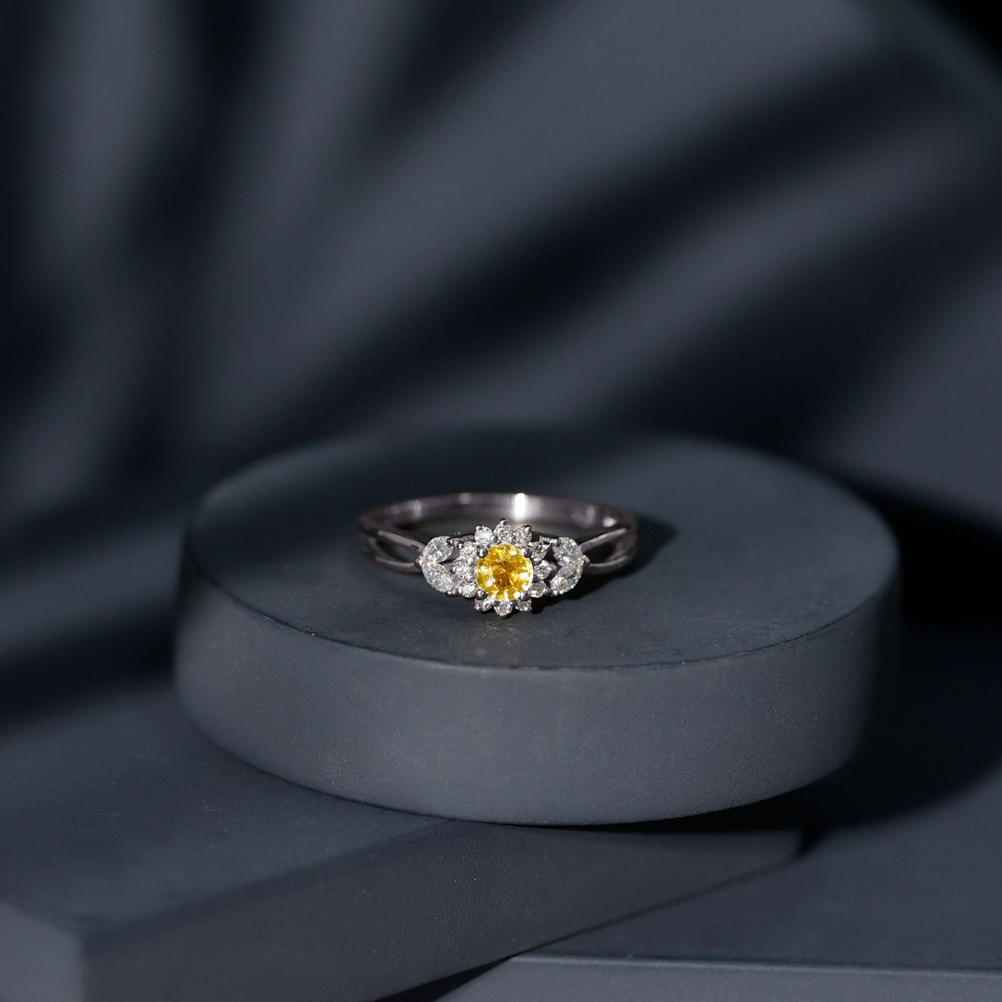 Real Yellow Sapphire Flower Engagement Ring with Diamond