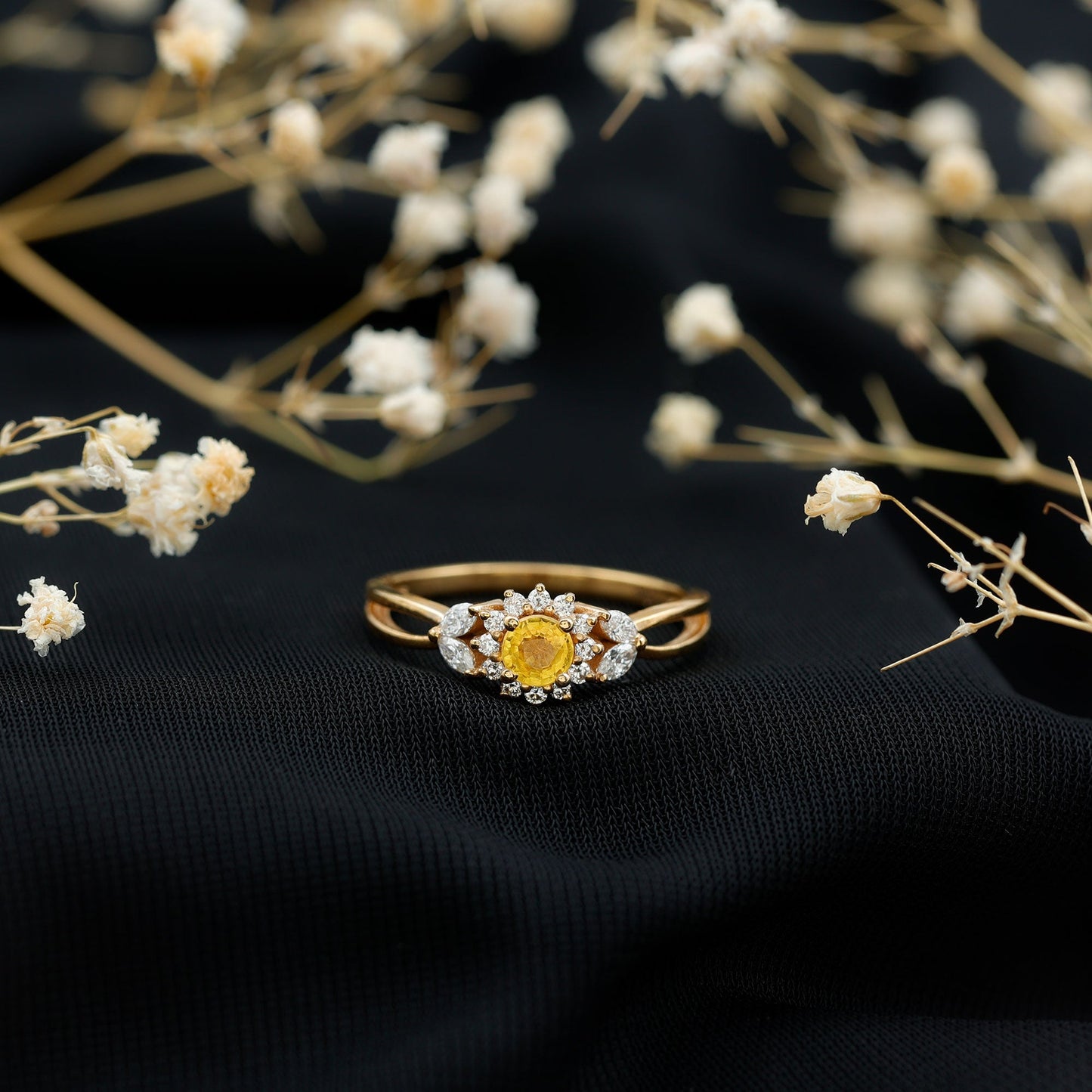 Real Yellow Sapphire Flower Engagement Ring with Diamond