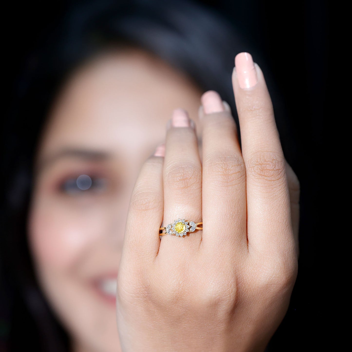 Real Yellow Sapphire Flower Engagement Ring with Diamond