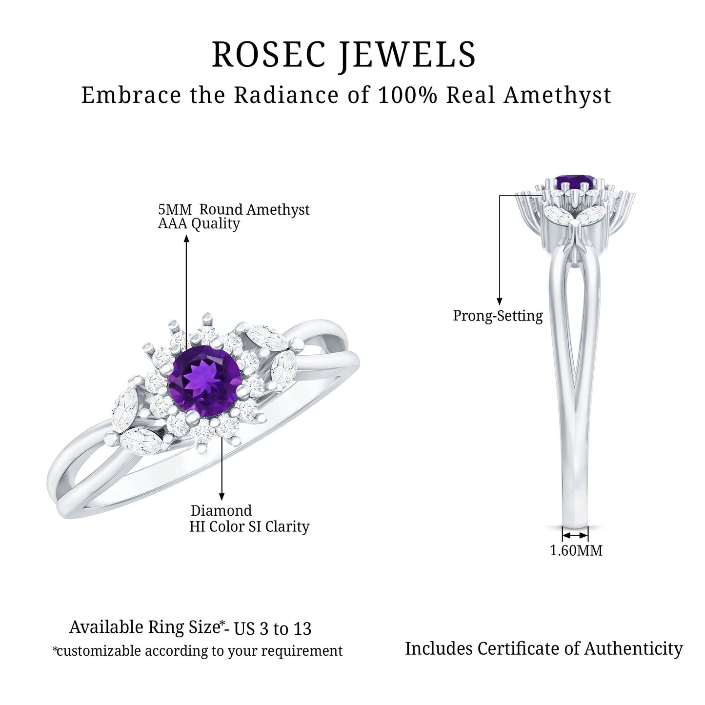 Split Shank Amethyst Flower Engagement Ring with Diamond