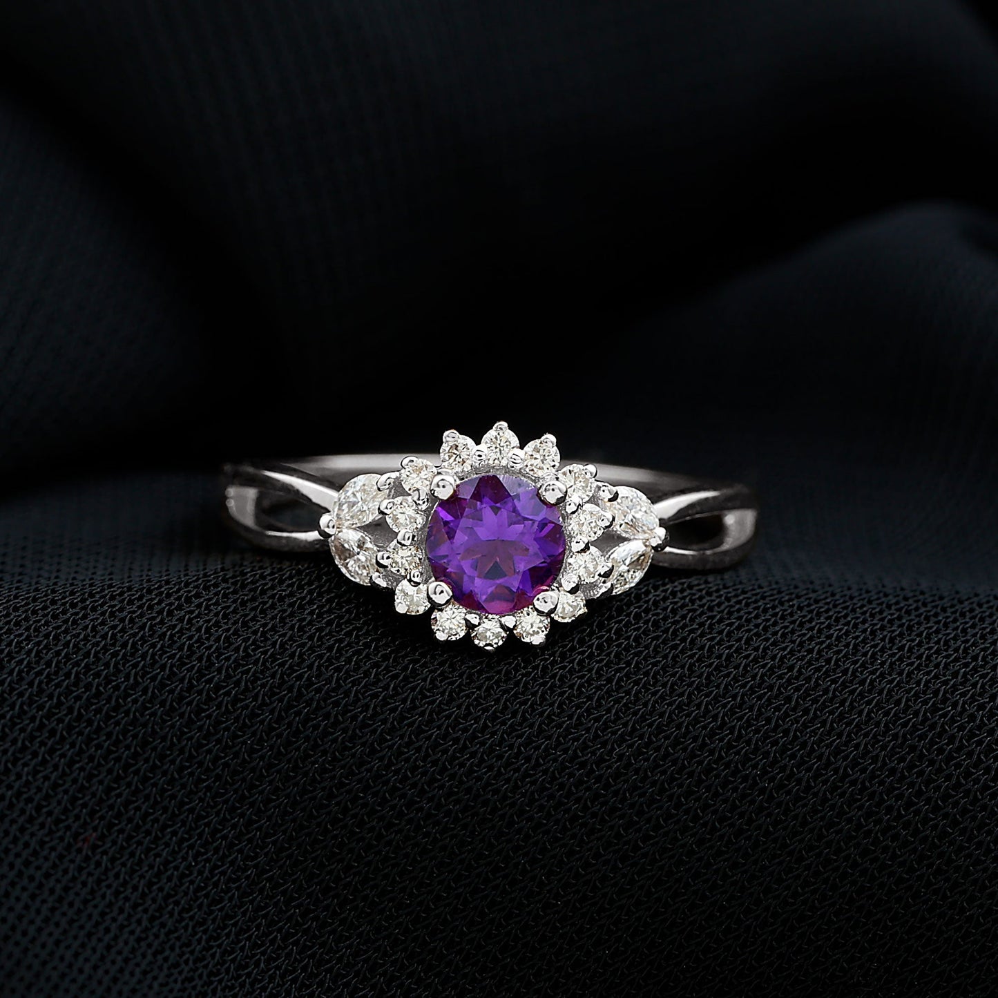 Split Shank Amethyst Flower Engagement Ring with Diamond
