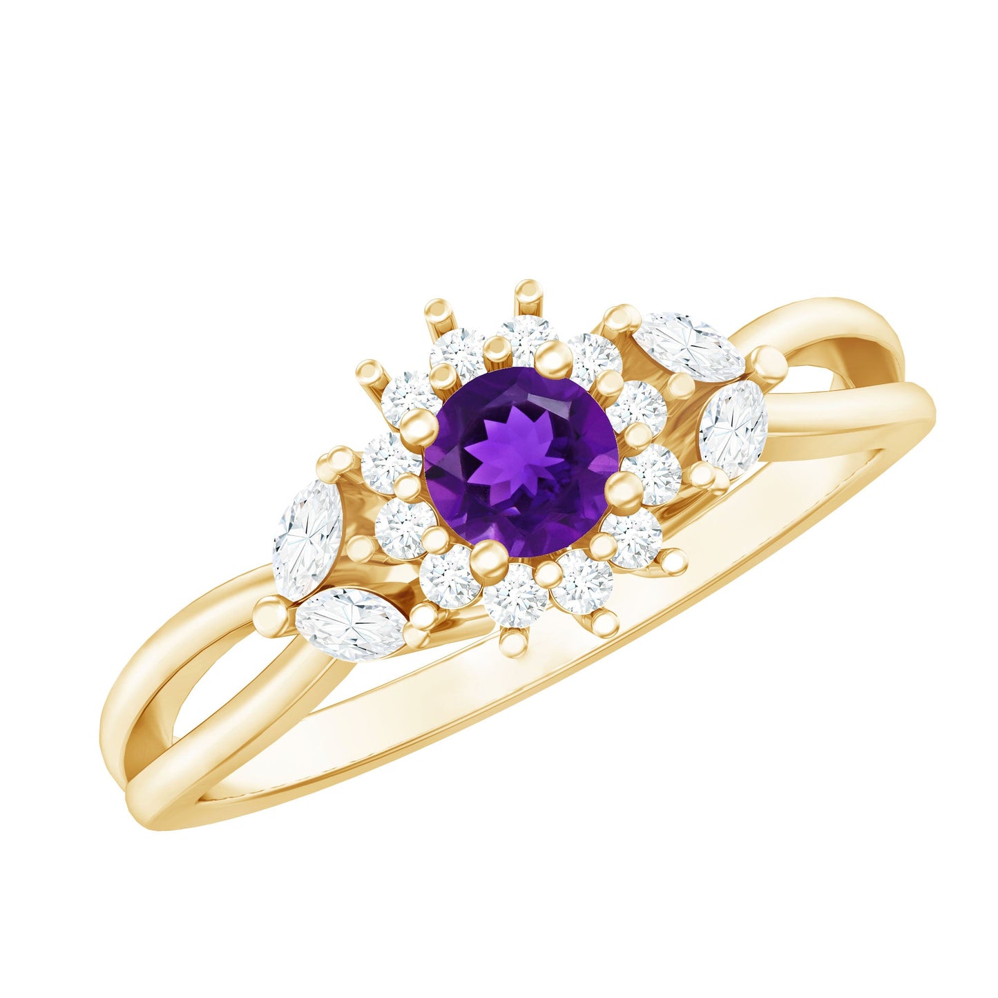 Split Shank Amethyst Flower Engagement Ring with Diamond
