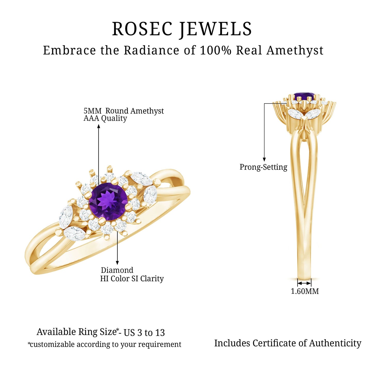 Split Shank Amethyst Flower Engagement Ring with Diamond