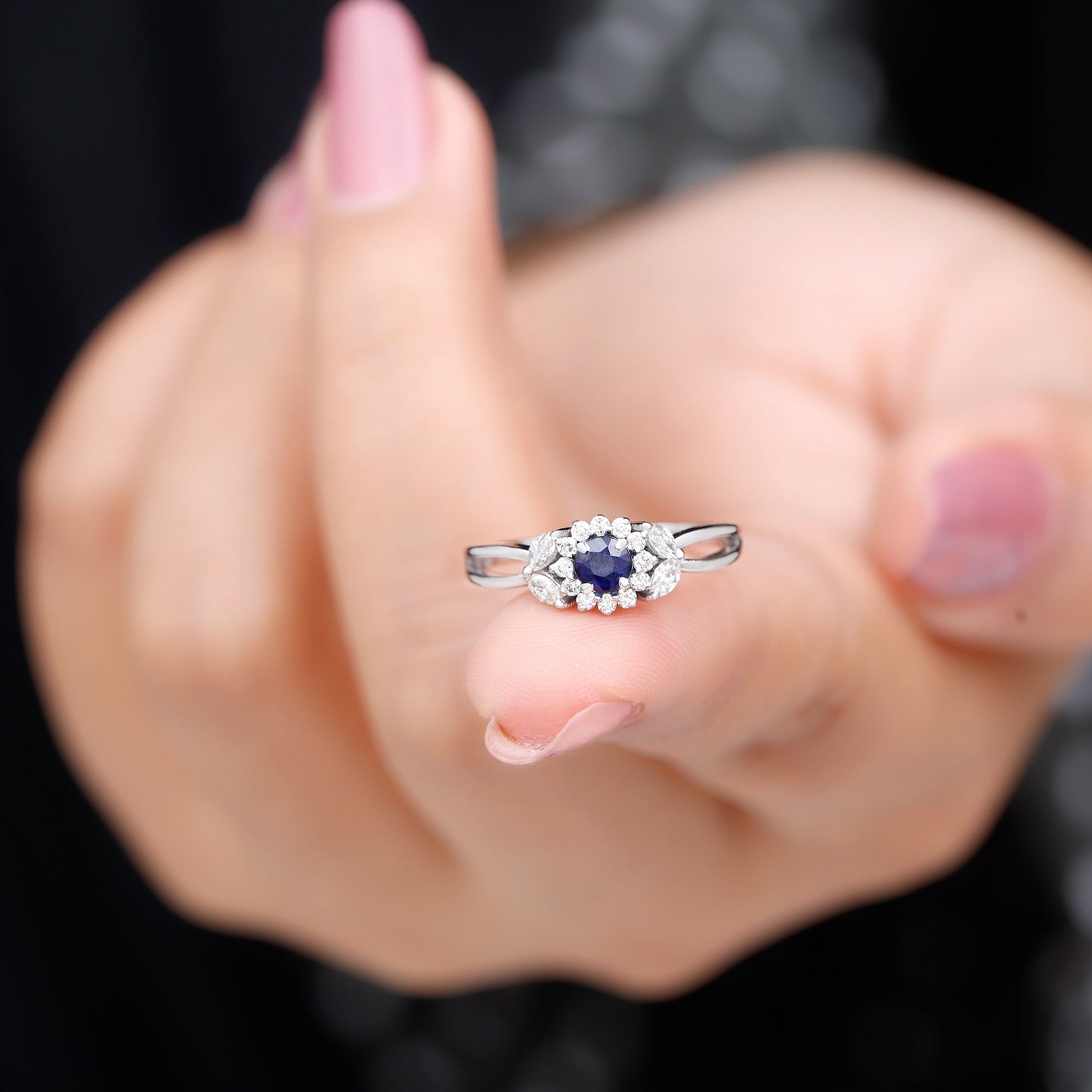 Certified Blue Sapphire Flower Engagement Ring with Diamond
