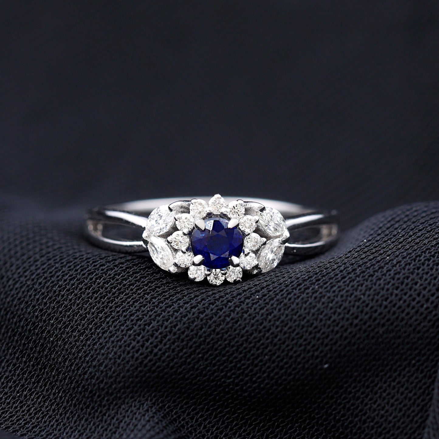 Certified Blue Sapphire Flower Engagement Ring with Diamond