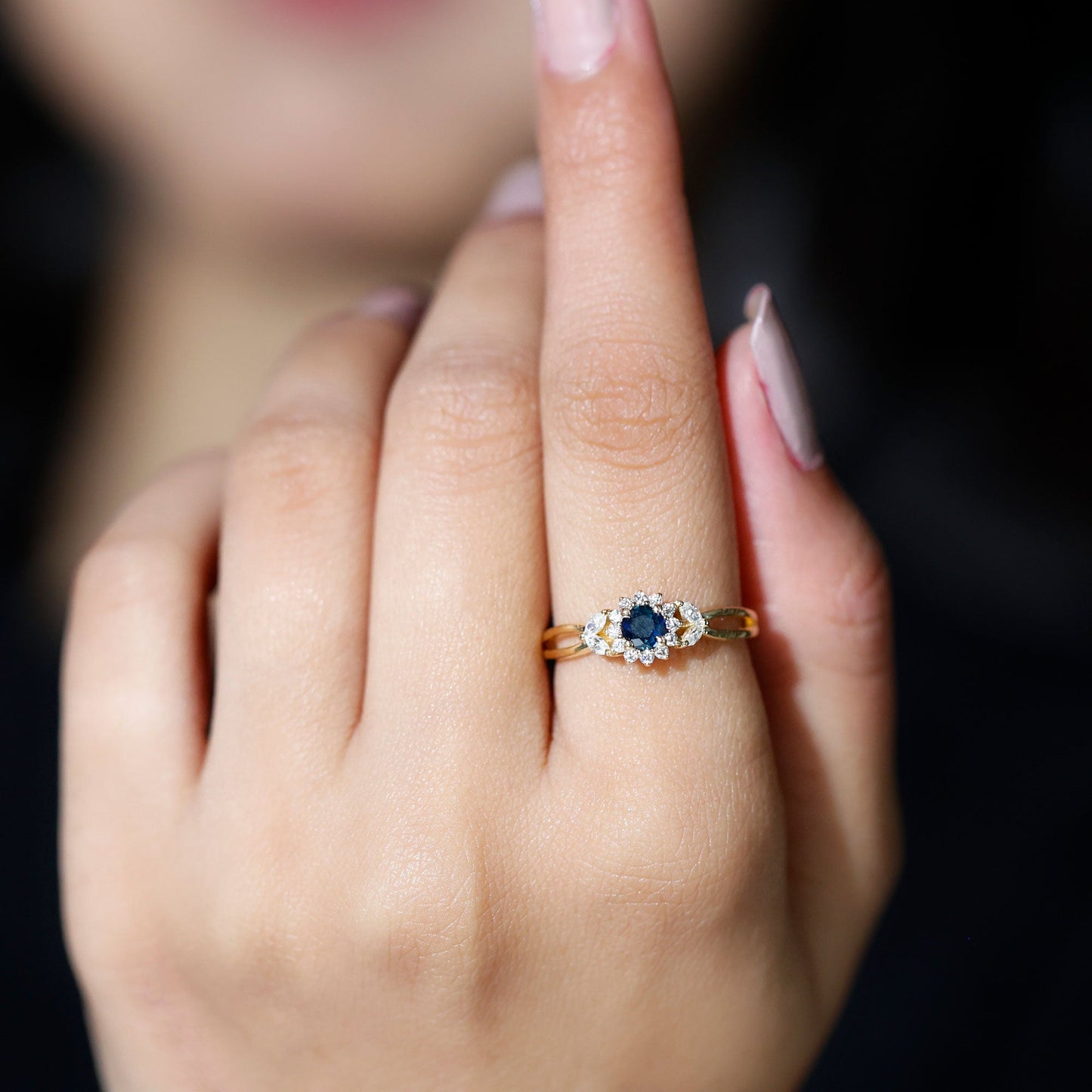 Certified Blue Sapphire Flower Engagement Ring with Diamond