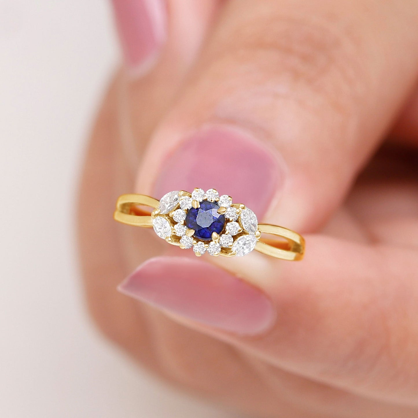 Certified Blue Sapphire Flower Engagement Ring with Diamond