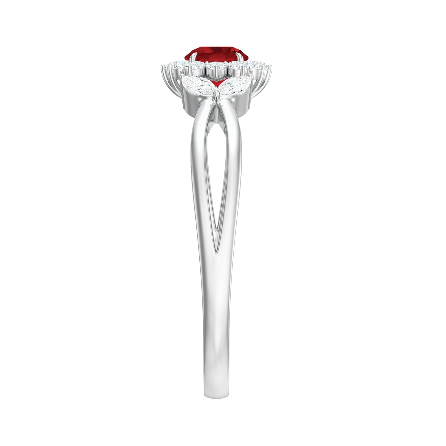 Lab Ruby and Diamond Flower Engagement Ring in Split Shank