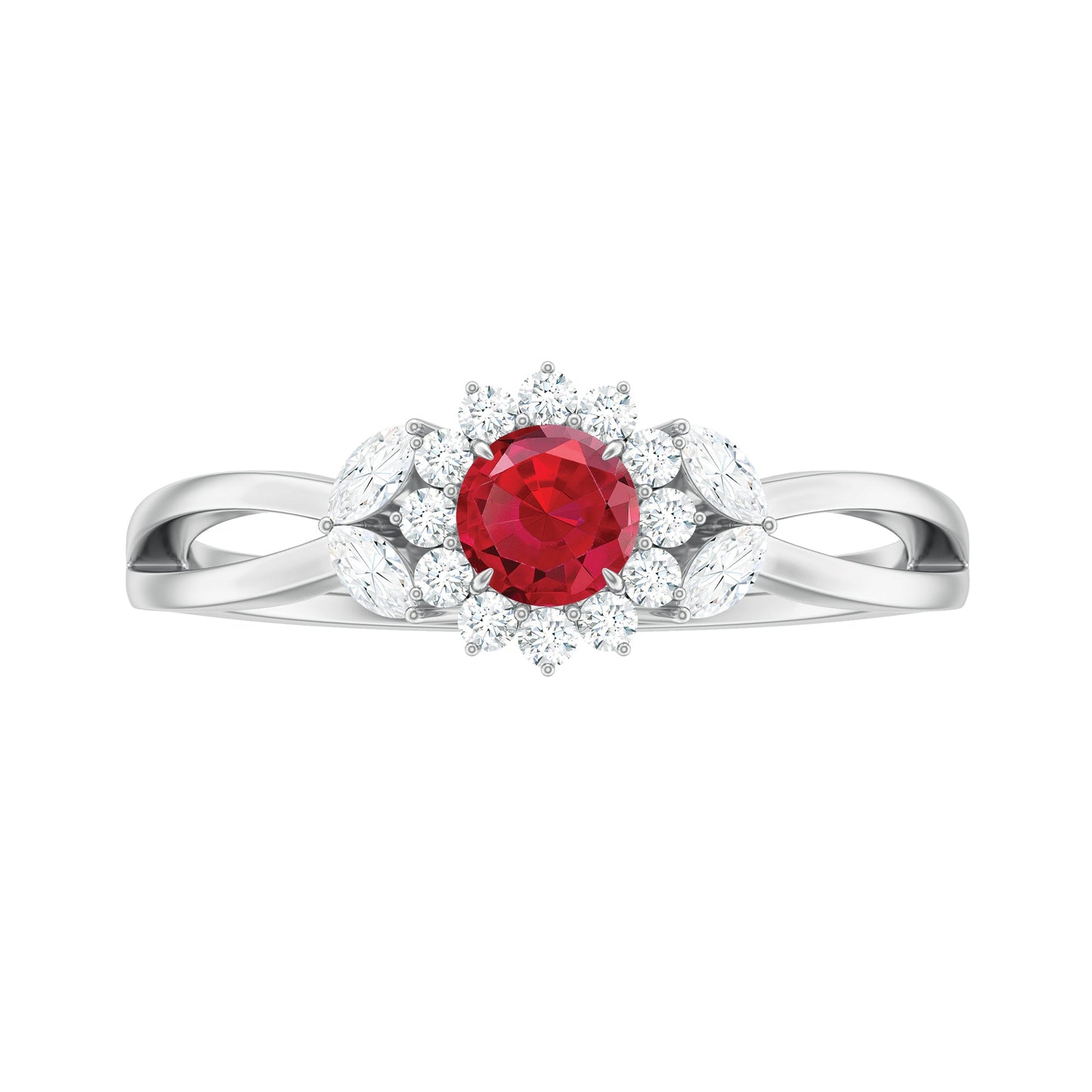 Lab Ruby and Diamond Flower Engagement Ring in Split Shank