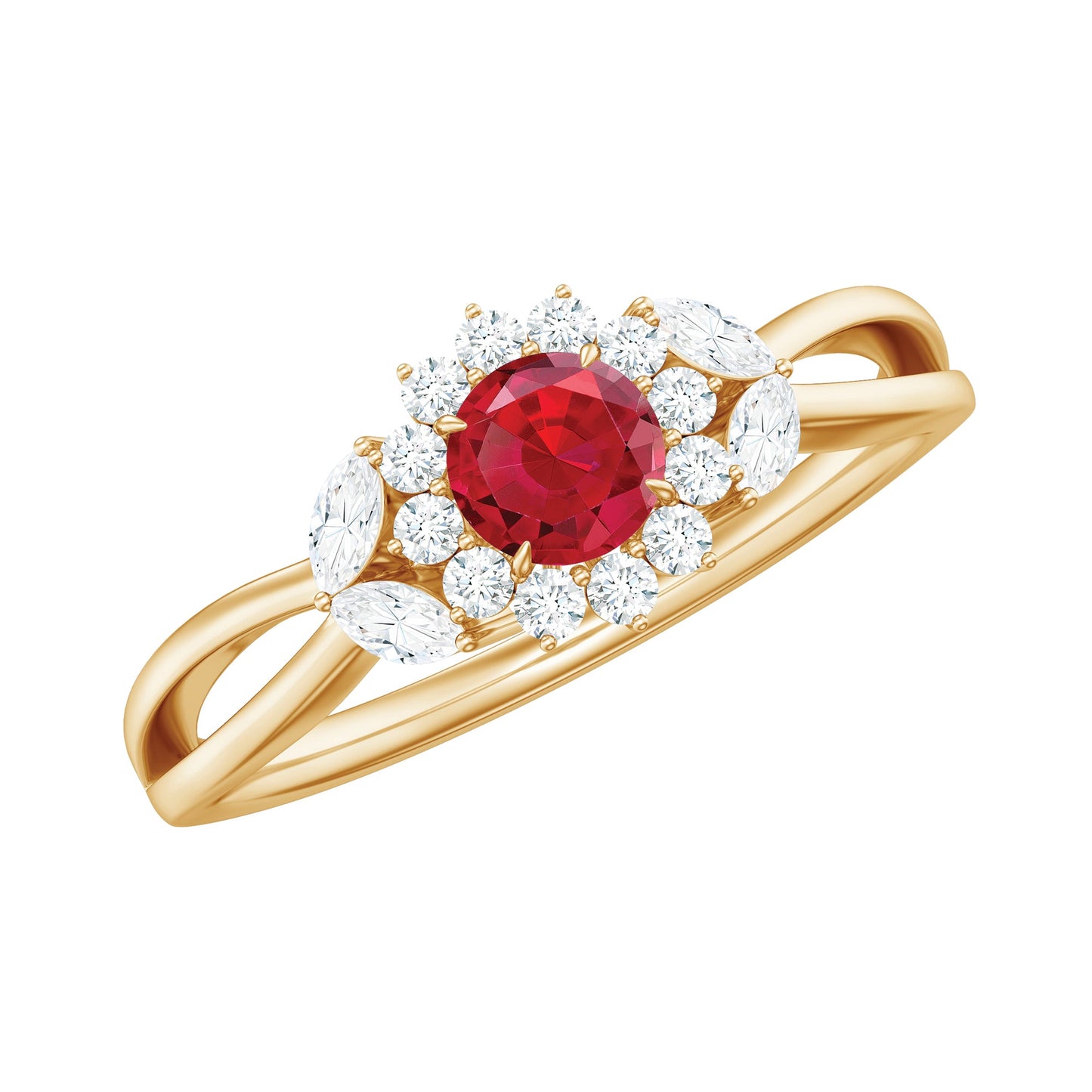 Lab Ruby and Diamond Flower Engagement Ring in Split Shank
