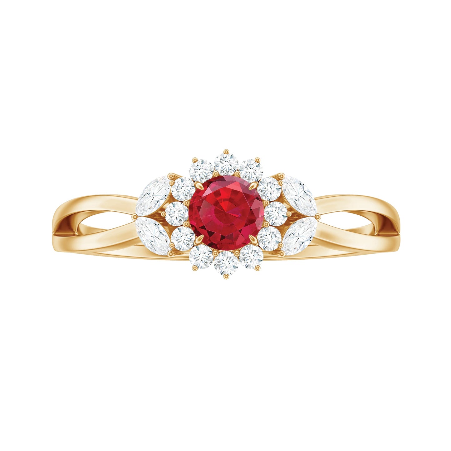 Lab Ruby and Diamond Flower Engagement Ring in Split Shank